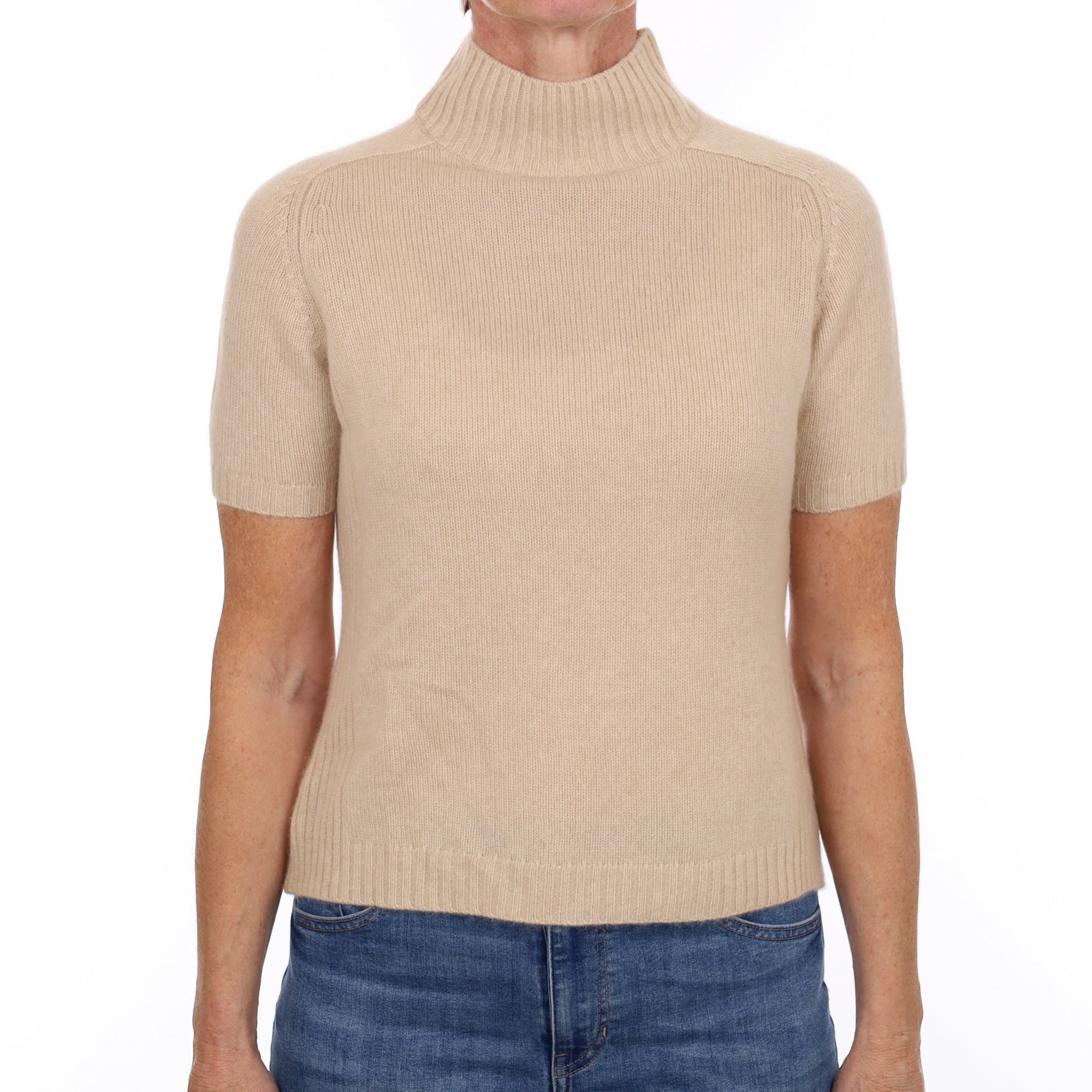 Oatmeal Beige Cashmere Turtle Neck Short Sleeved Jumper Small