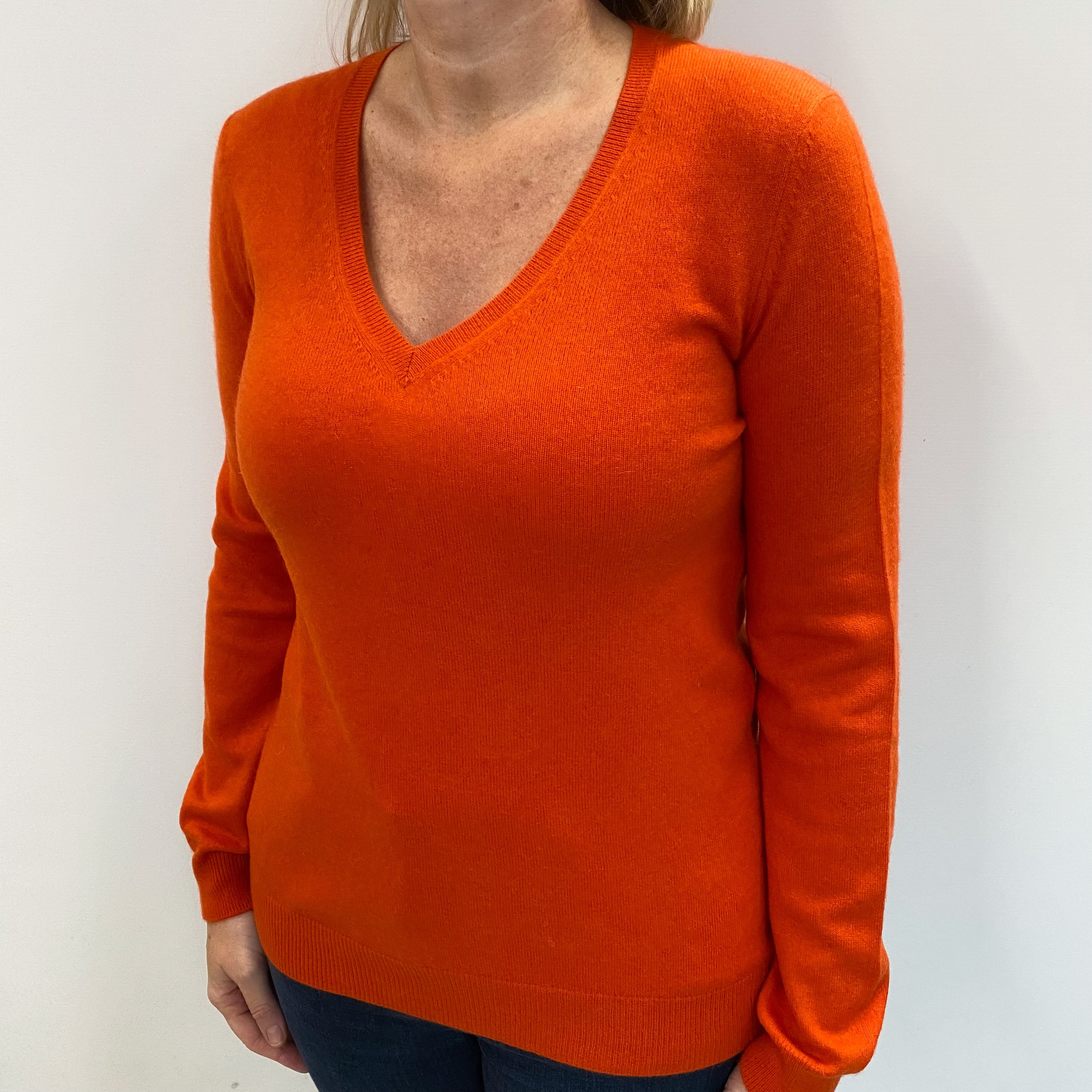 Tangerine Orange Cashmere V Neck Jumper Large