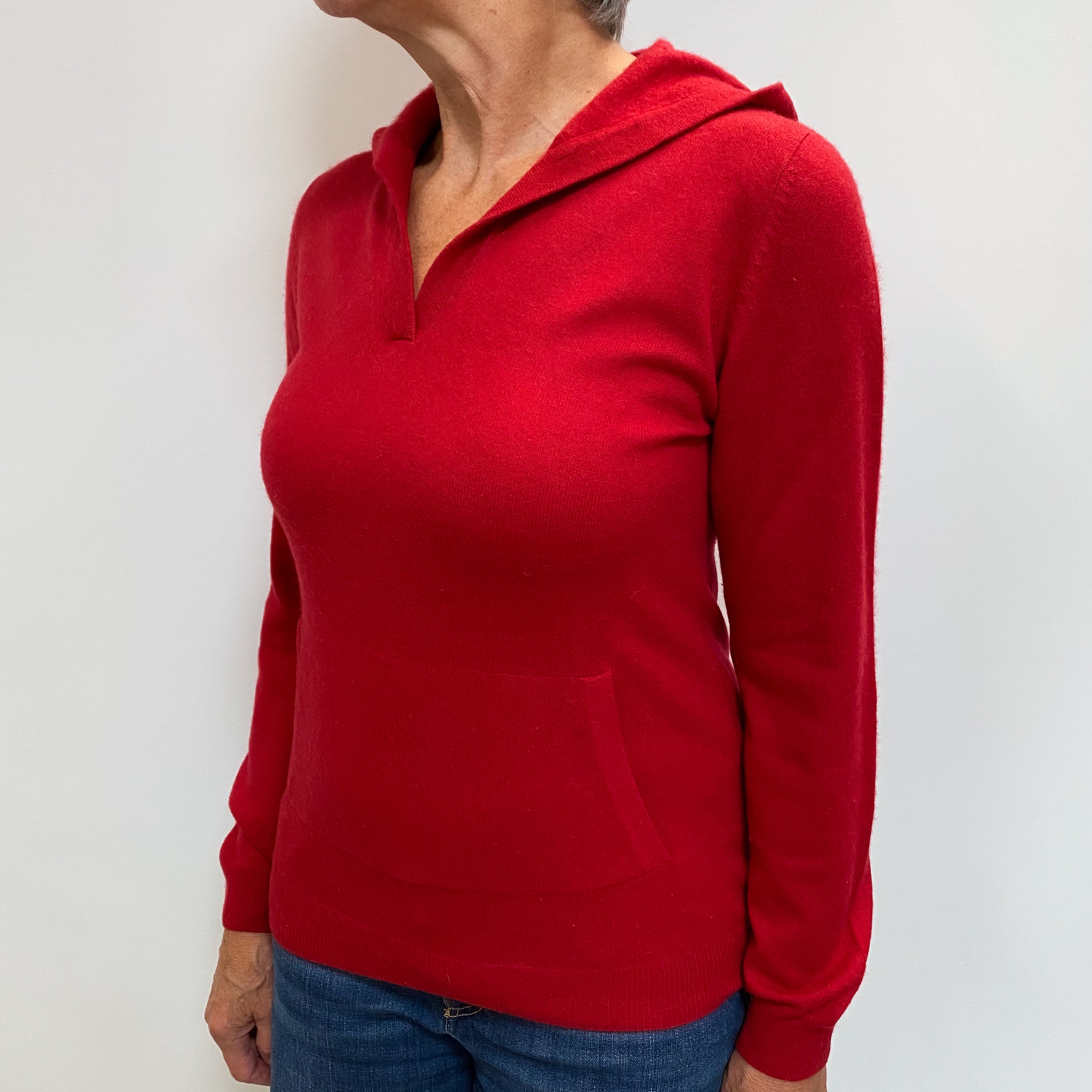 Post Box Red Cashmere V Neck Hoodie Medium