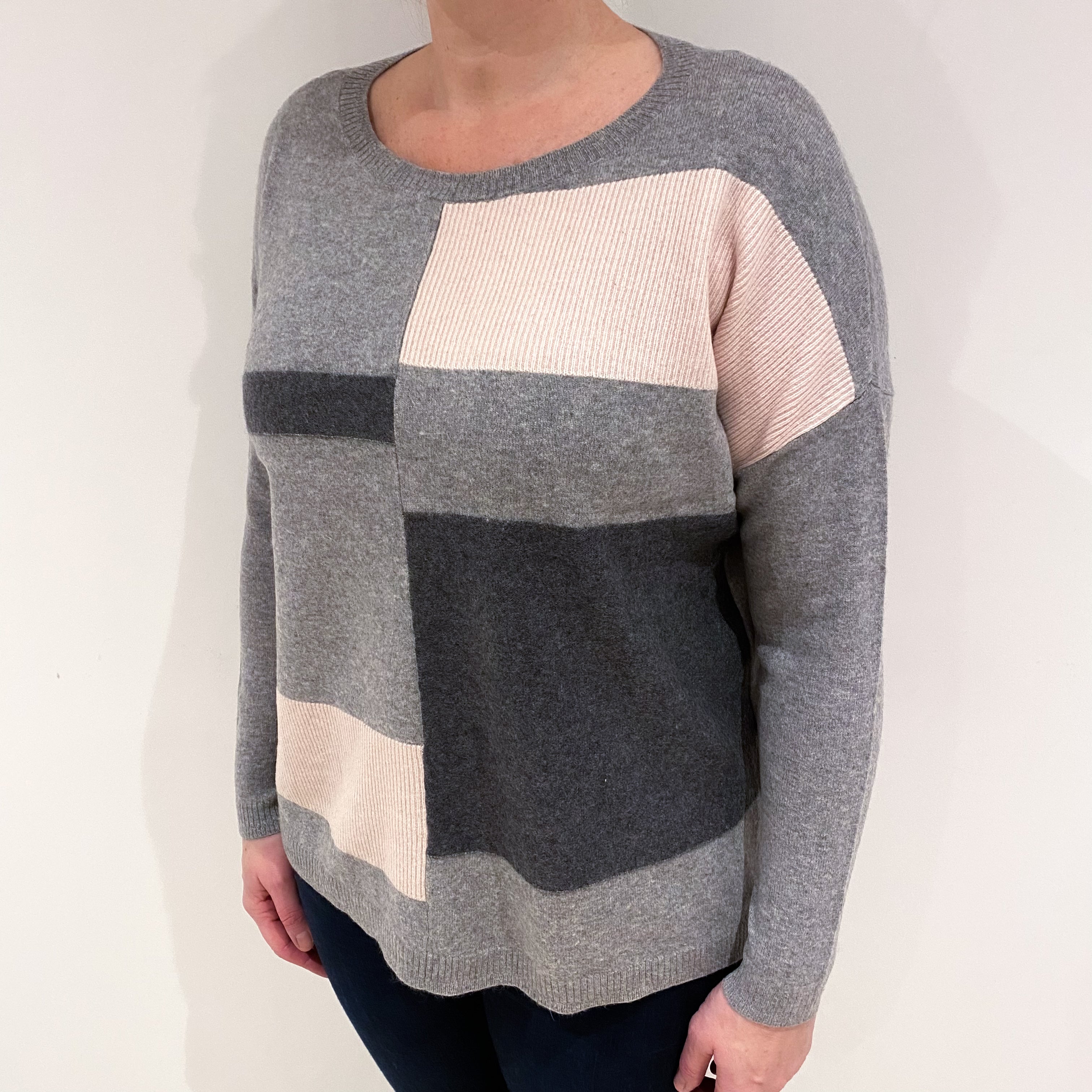 Grey and Pink Block Cashmere Slouchy Crew Neck Jumper Large