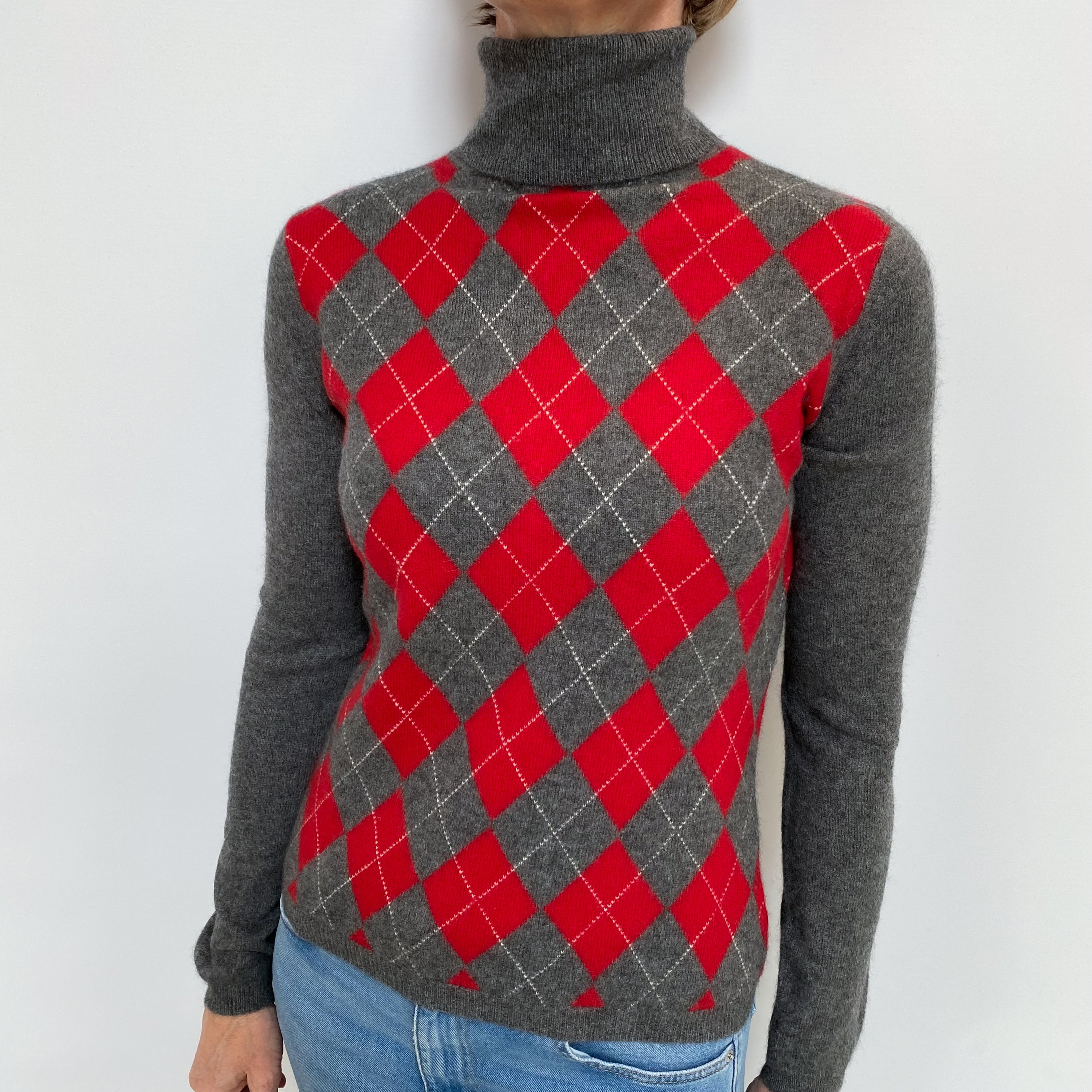 Ash Grey Argyle Cashmere Polo Neck Jumper Small