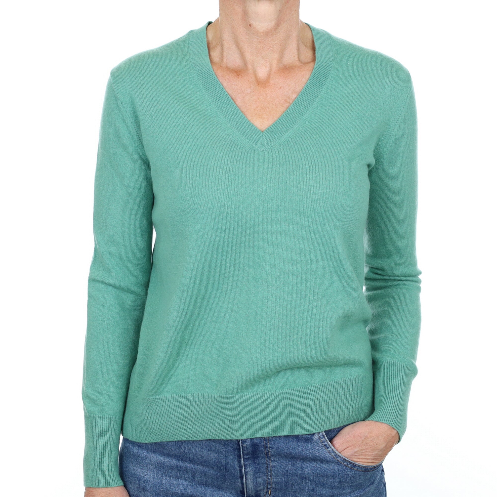 Everglade Green Cashmere V Neck Jumper Small