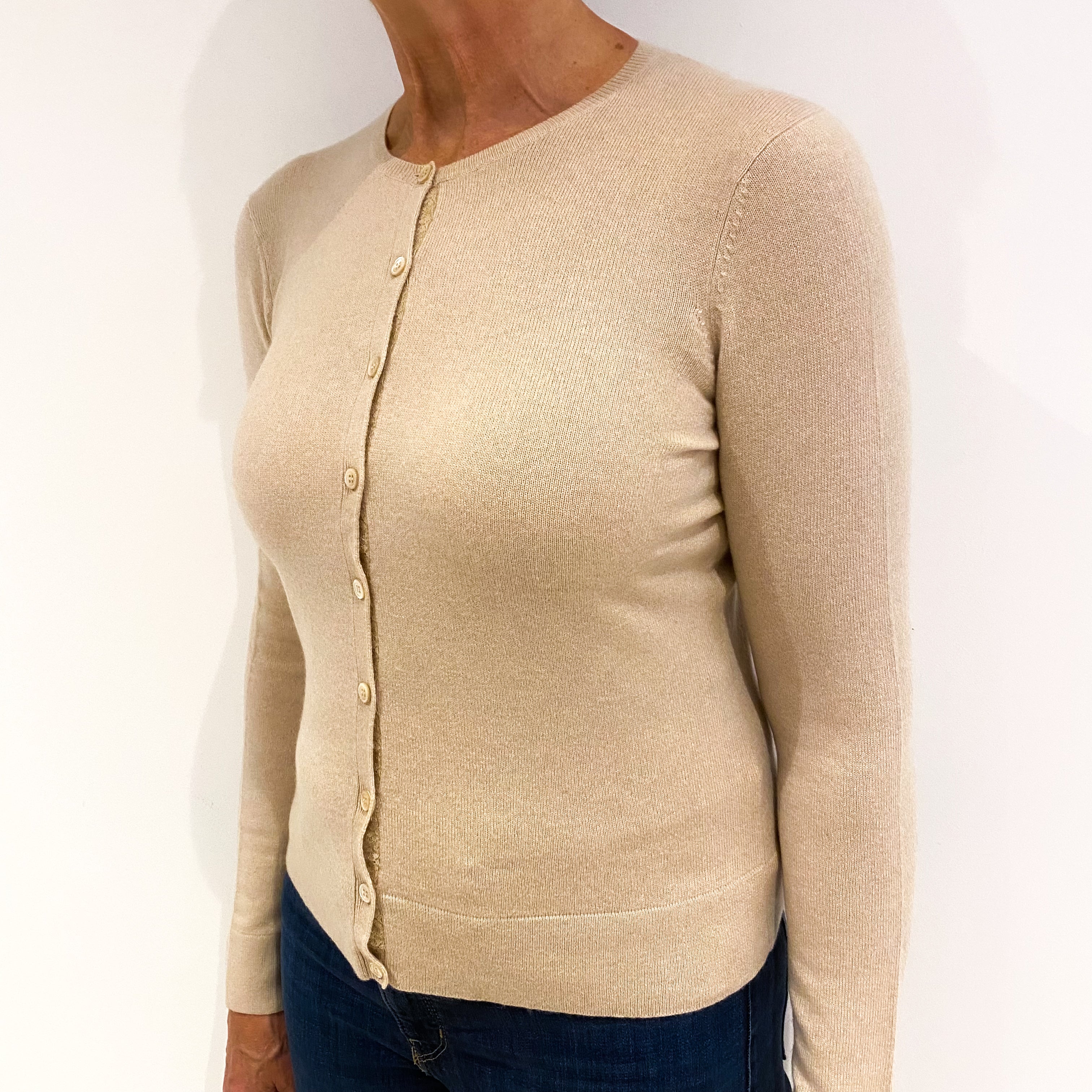 Caramel Brown Cashmere Crew Neck Cardigan Medium