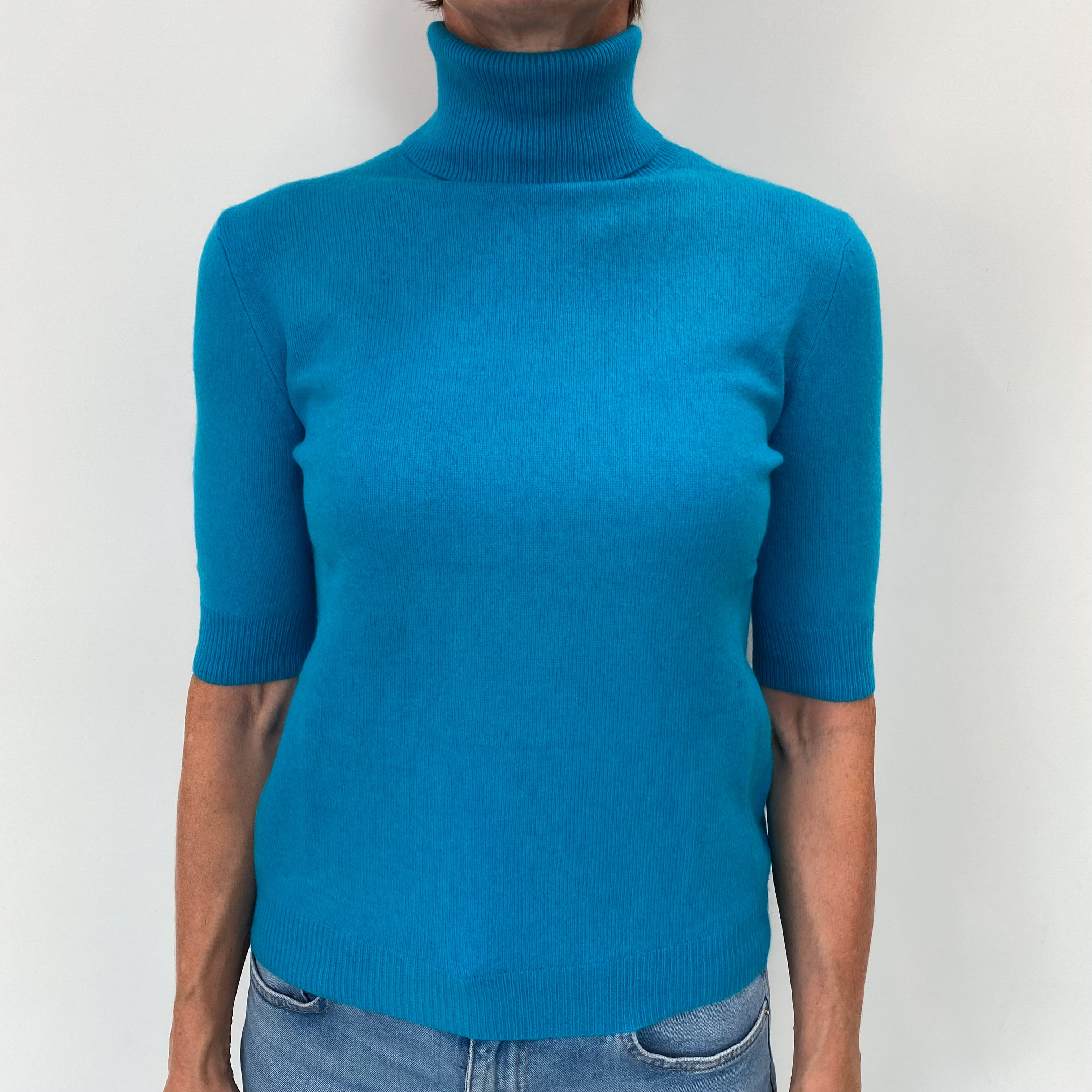 Turquoise Blue Cashmere Polo Neck Short Sleeve Jumper Small