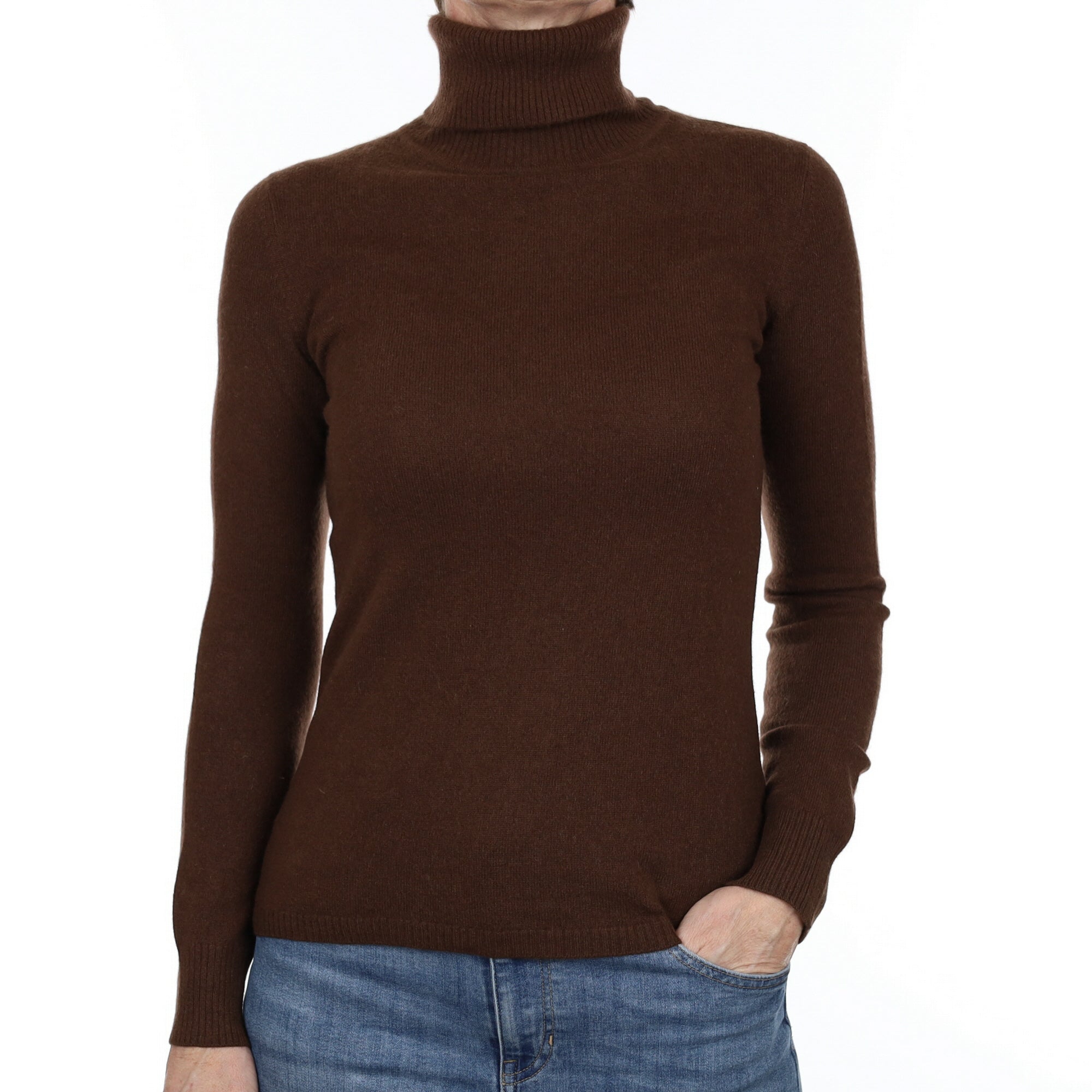 Chocolate Brown Cashmere Polo Neck Jumper Small