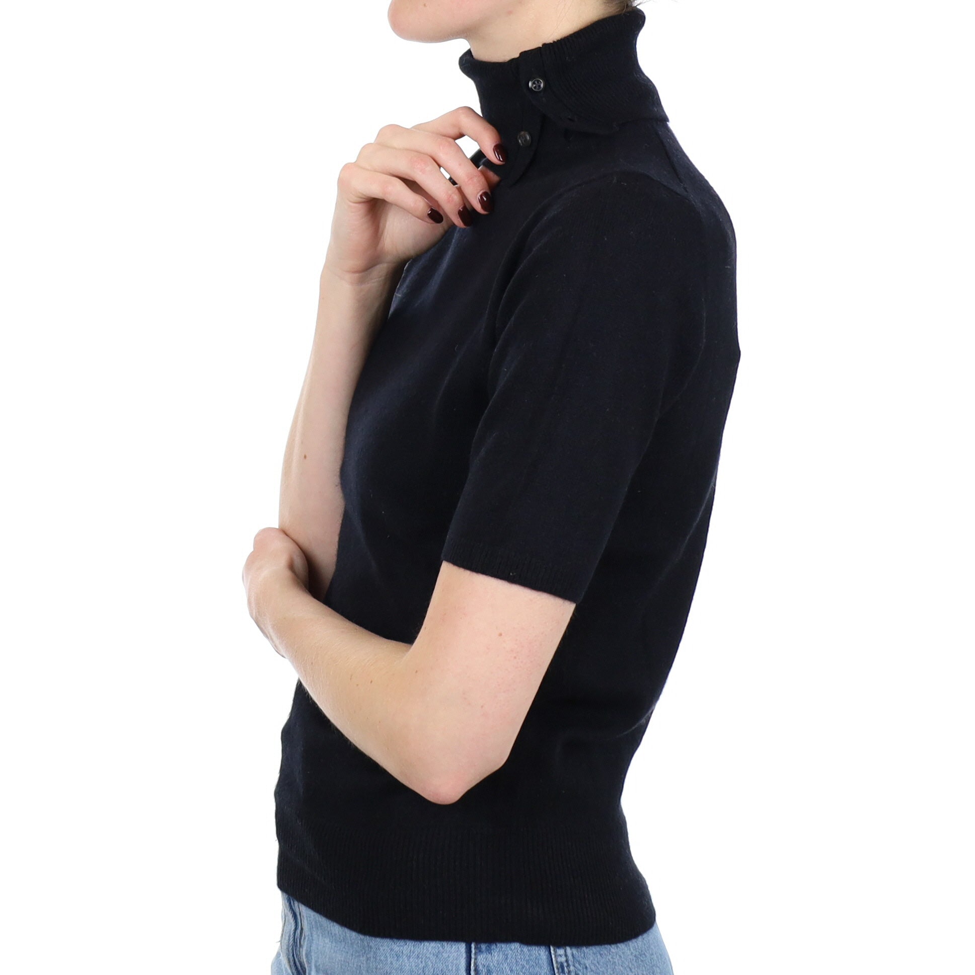 Black Cashmere Short Sleeve Buttoned Polo Neck Jumper Small