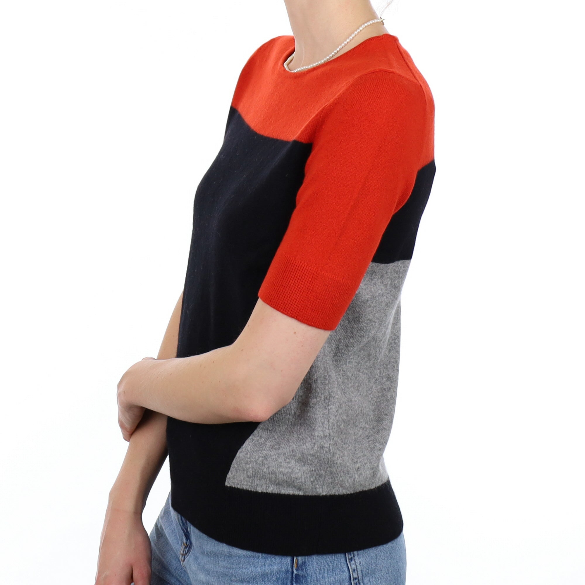 Orange Colour Block Cashmere Short Sleeve Crew Neck Jumper Small