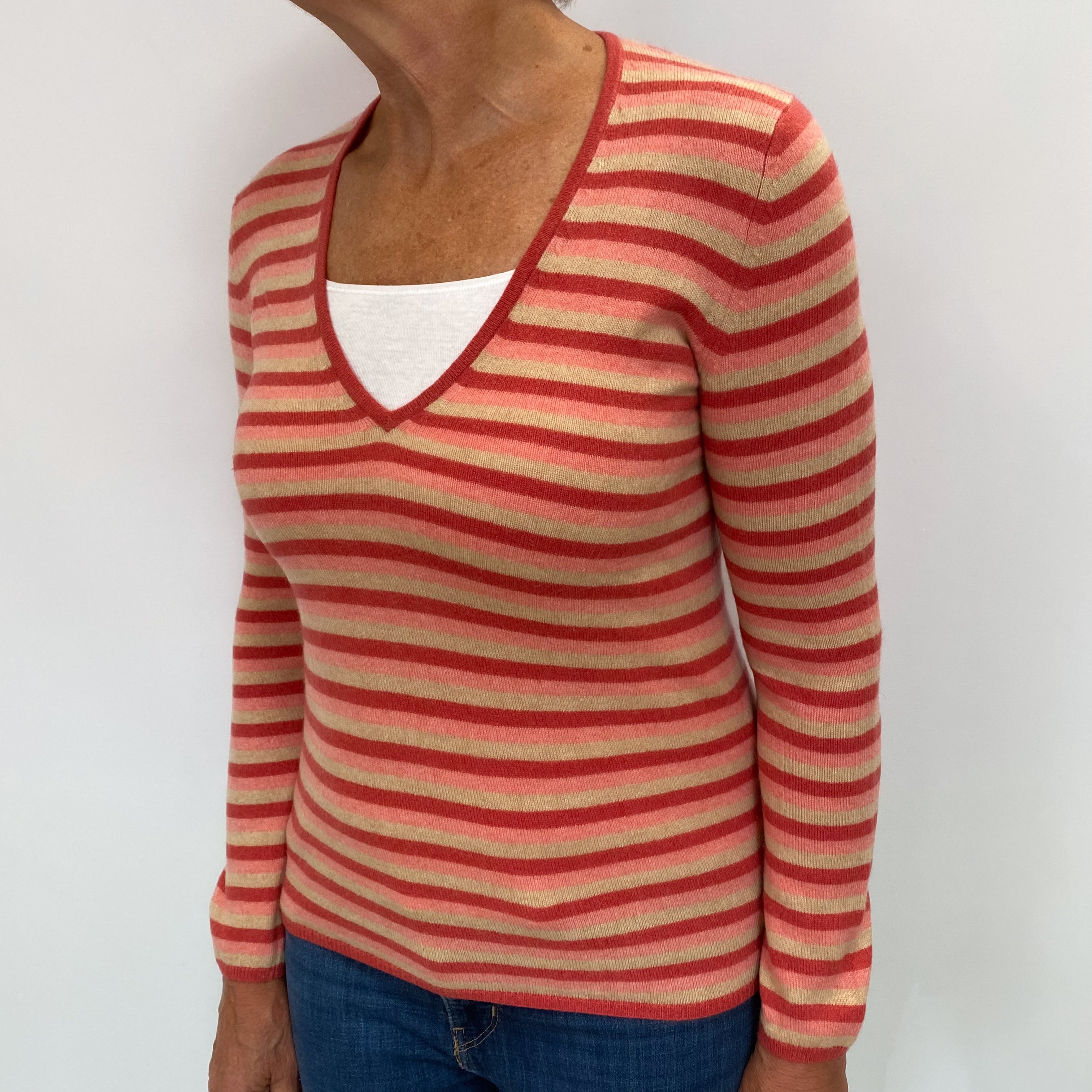 Pink and Beige Stripe Cashmere V Neck Jumper Medium