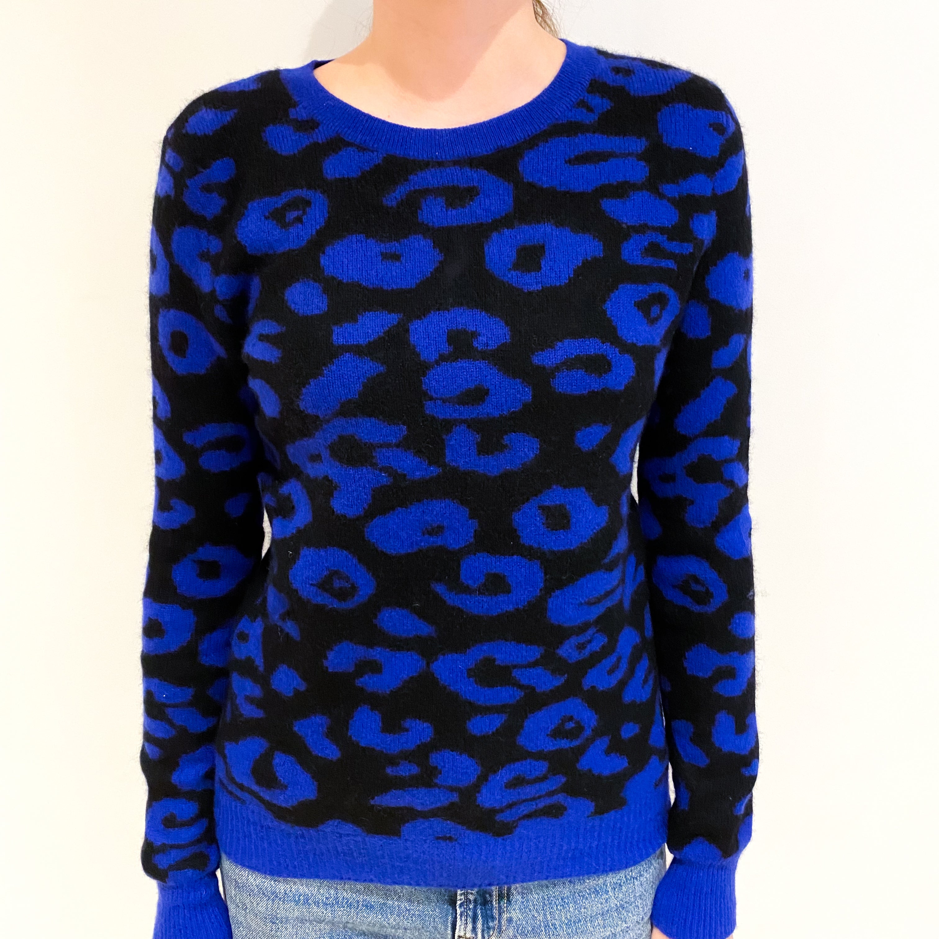 Indigo Blue Animal Print Cashmere Crew Neck Jumper Extra Small