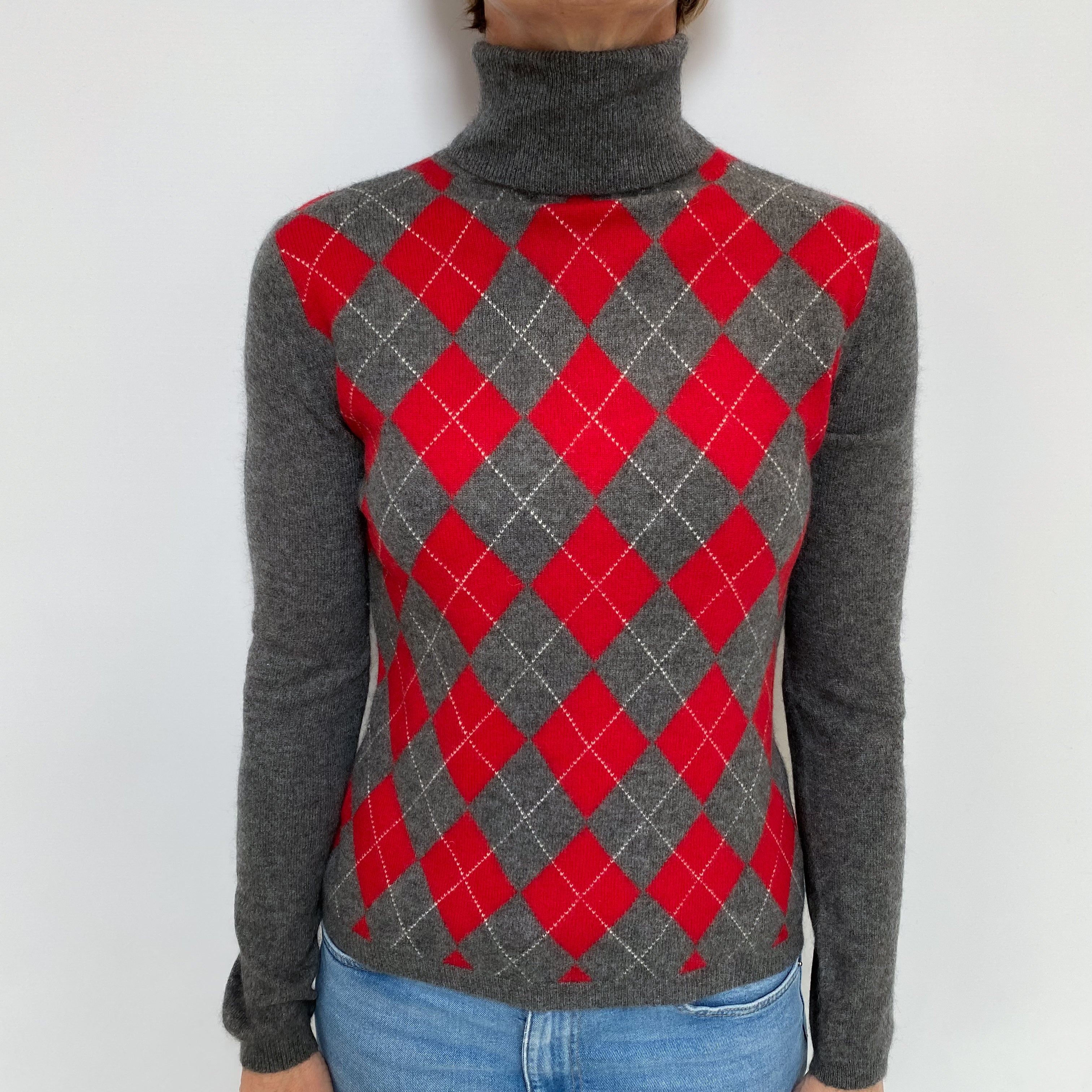 Ash Grey Argyle Cashmere Polo Neck Jumper Small