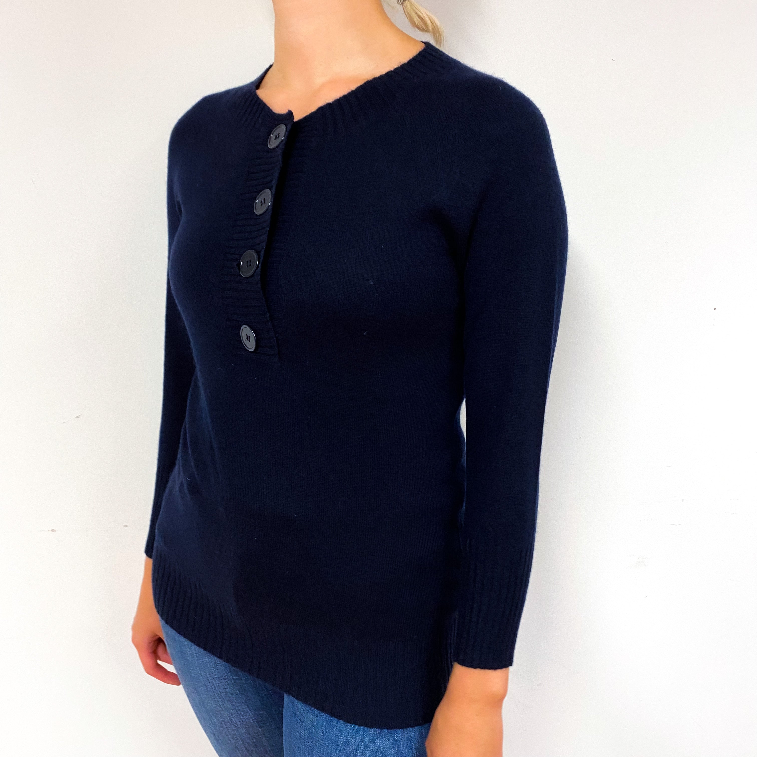 Navy Blue 1/2 Button Cashmere Crew Neck Jumper Small
