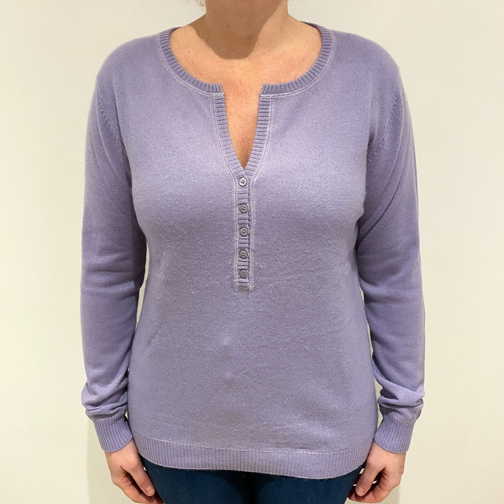 Lilac Purple Half Button Cashmere V Neck Jumper Large