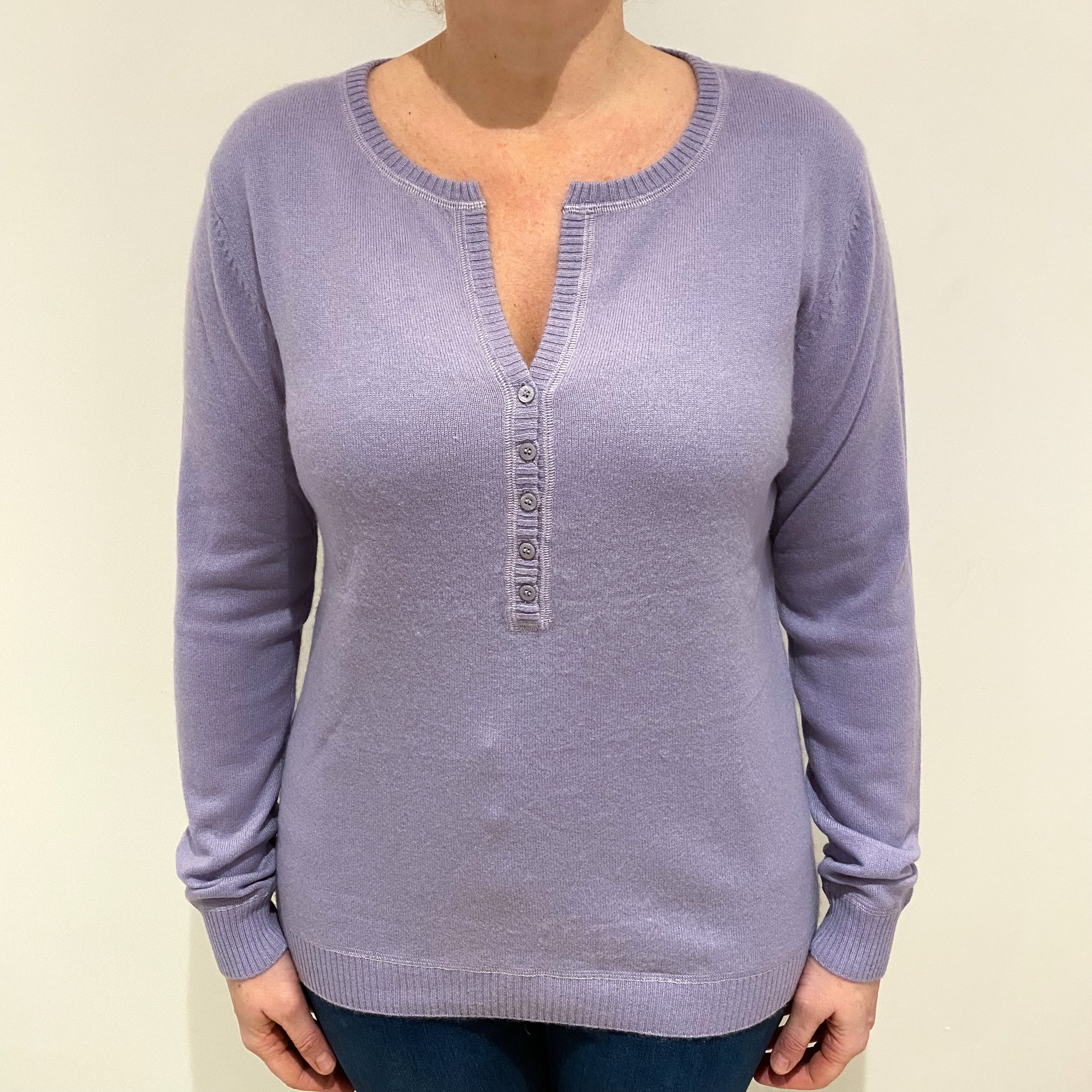 Lilac Purple Half Button Cashmere V Neck Jumper Large