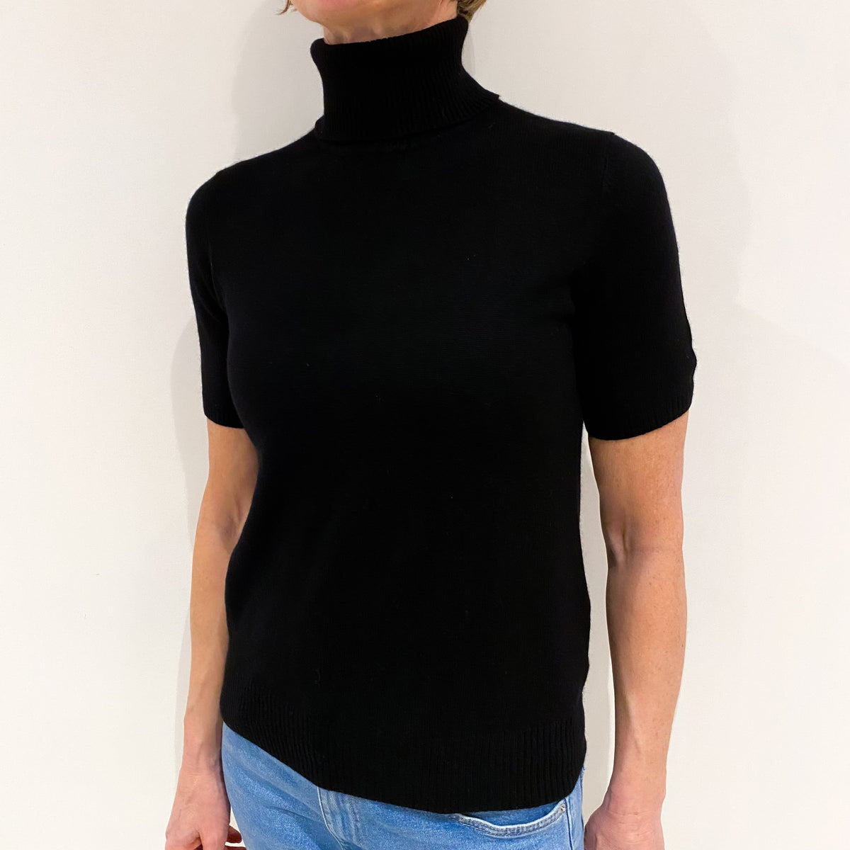 Black Cashmere Short Sleeved Polo Neck Jumper Small