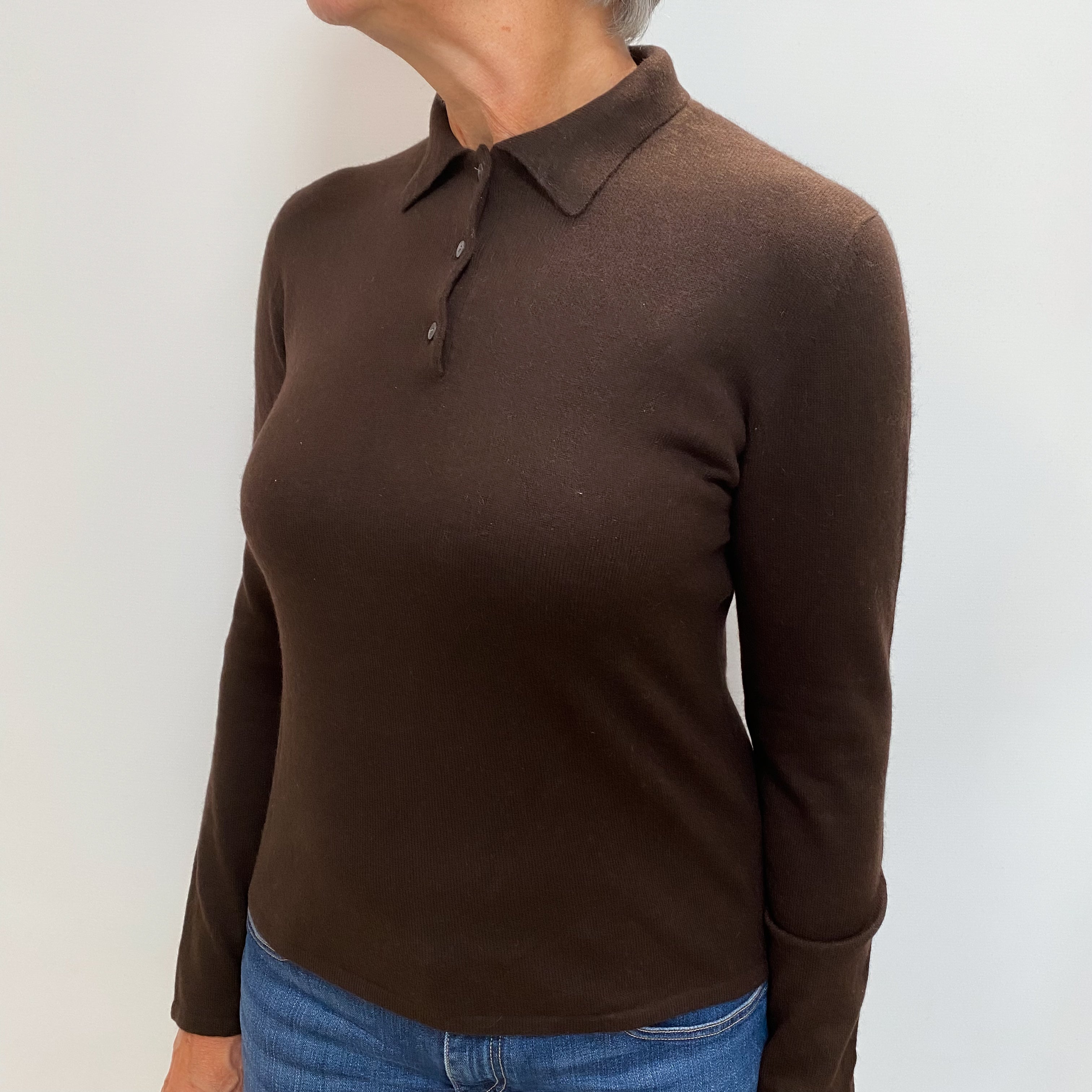 Chocolate Brown Cashmere Collared 1/4 Button Jumper Medium