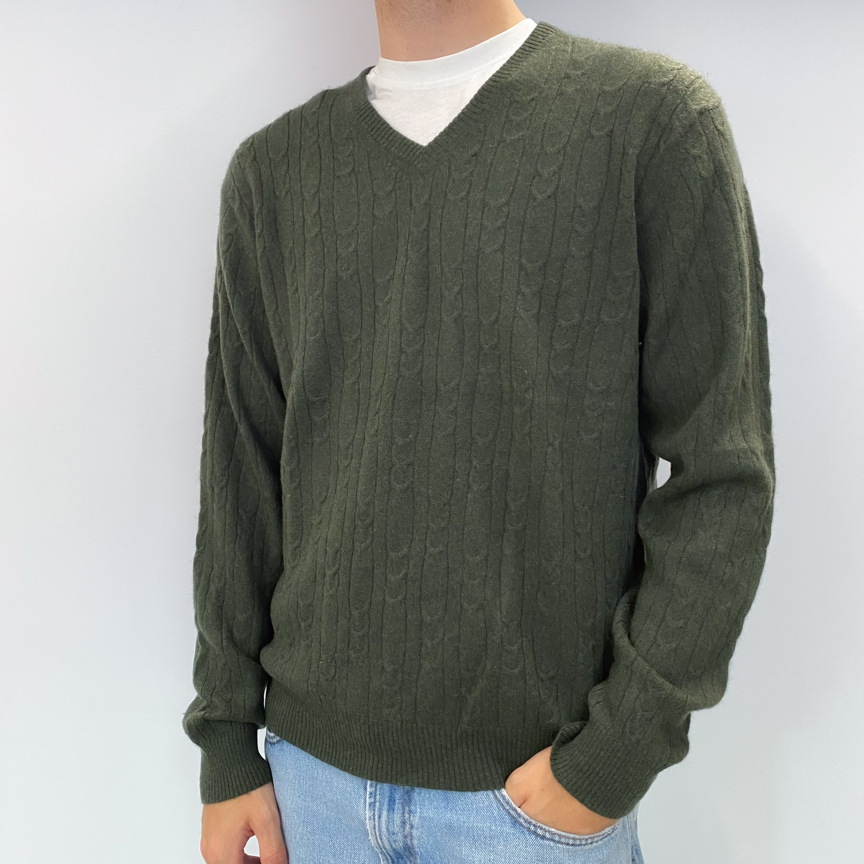 Men's Deep Khaki Green Cashmere Cable Knit V Neck Jumper Large