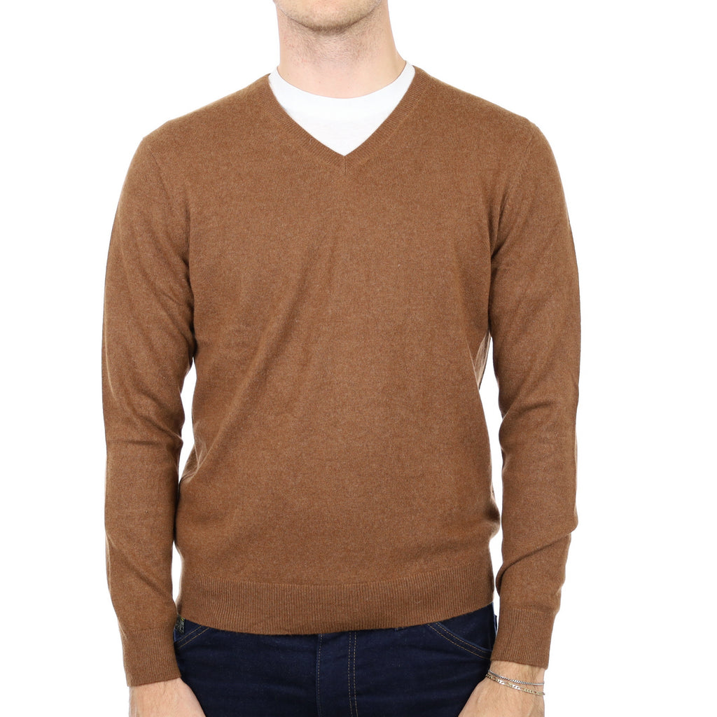 Men's Cinnamon Brown Cashmere V Neck Jumper Medium