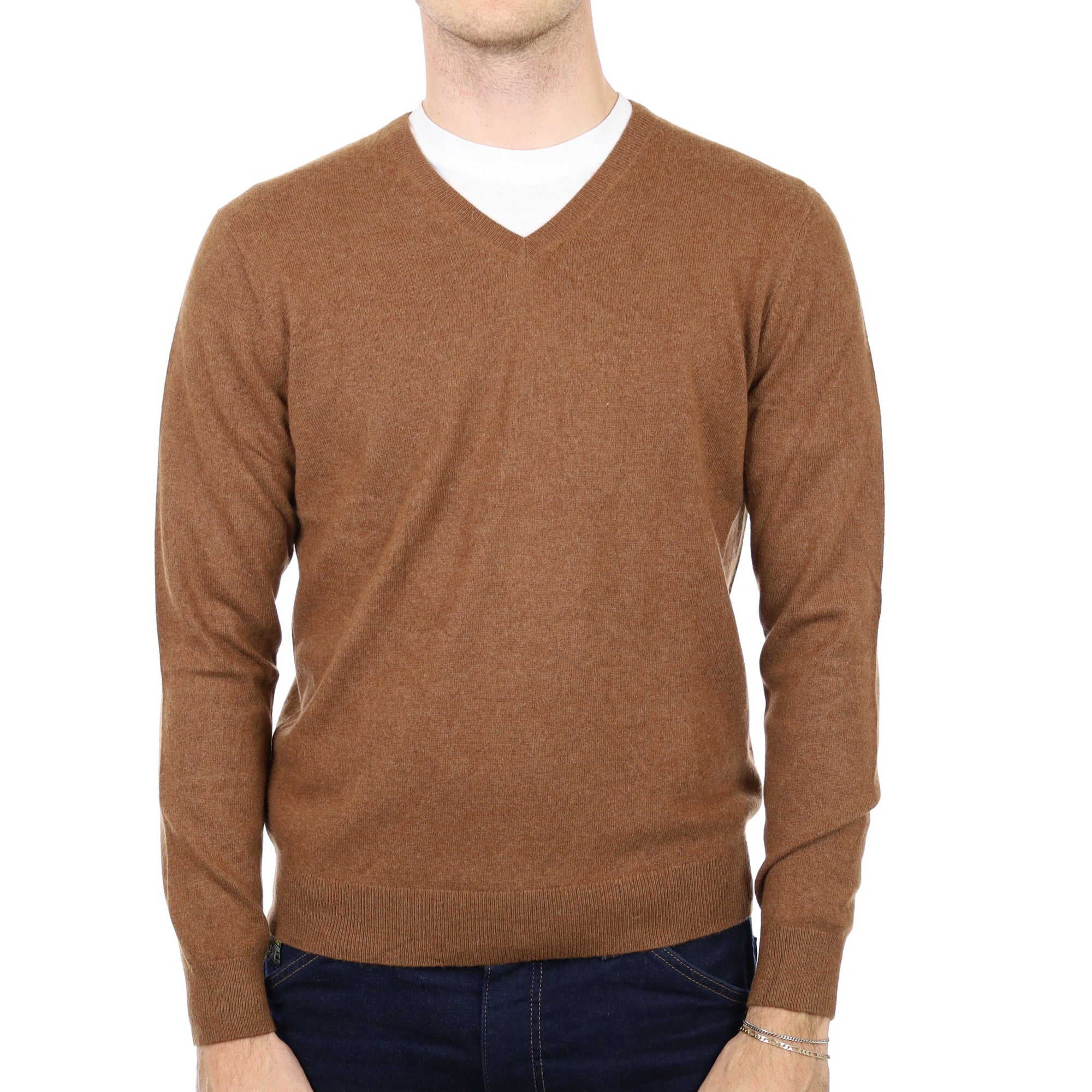 Men's Cinnamon Brown Cashmere V Neck Jumper Medium