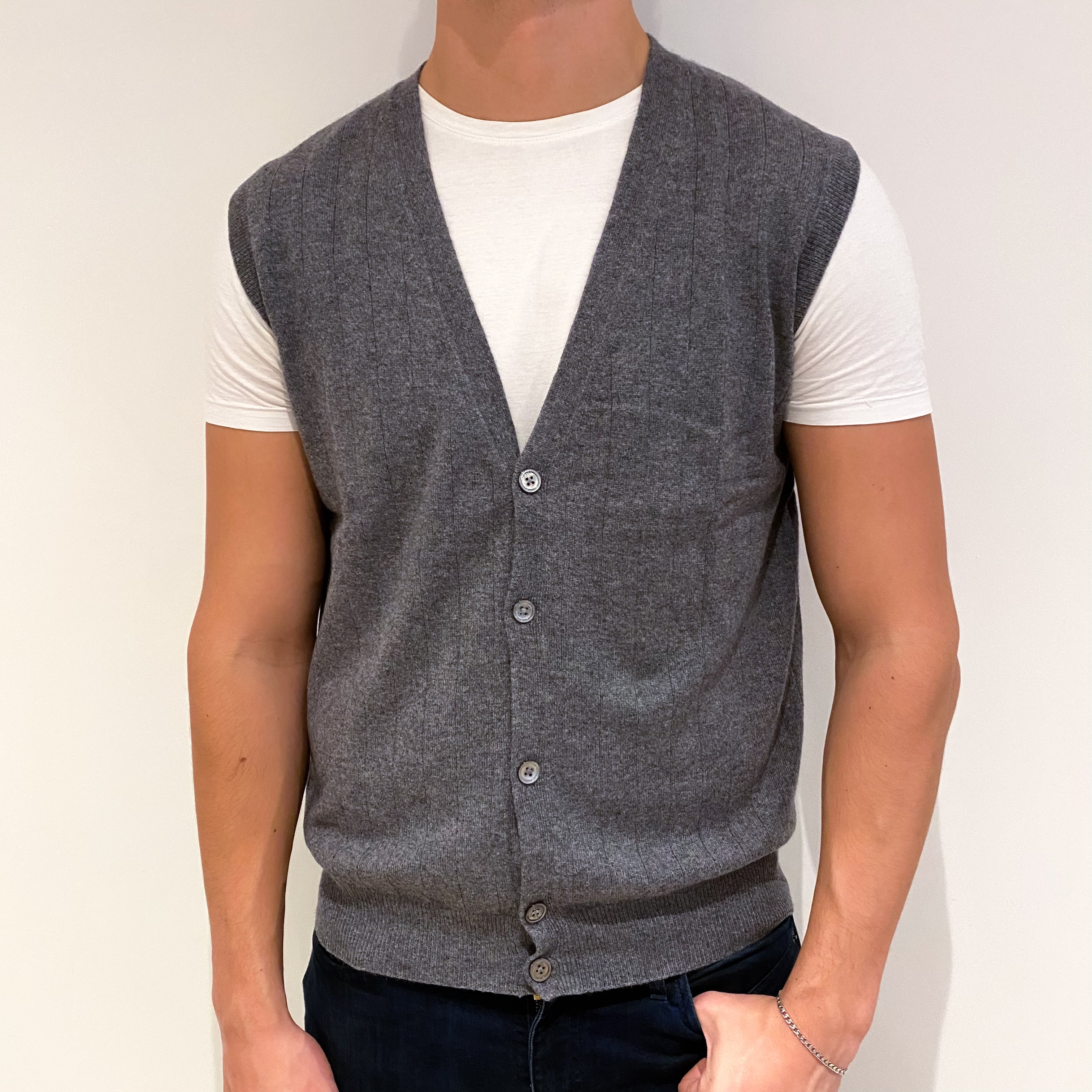 Men's Slate Grey Cashmere V-Neck Waist Coat Extra Large