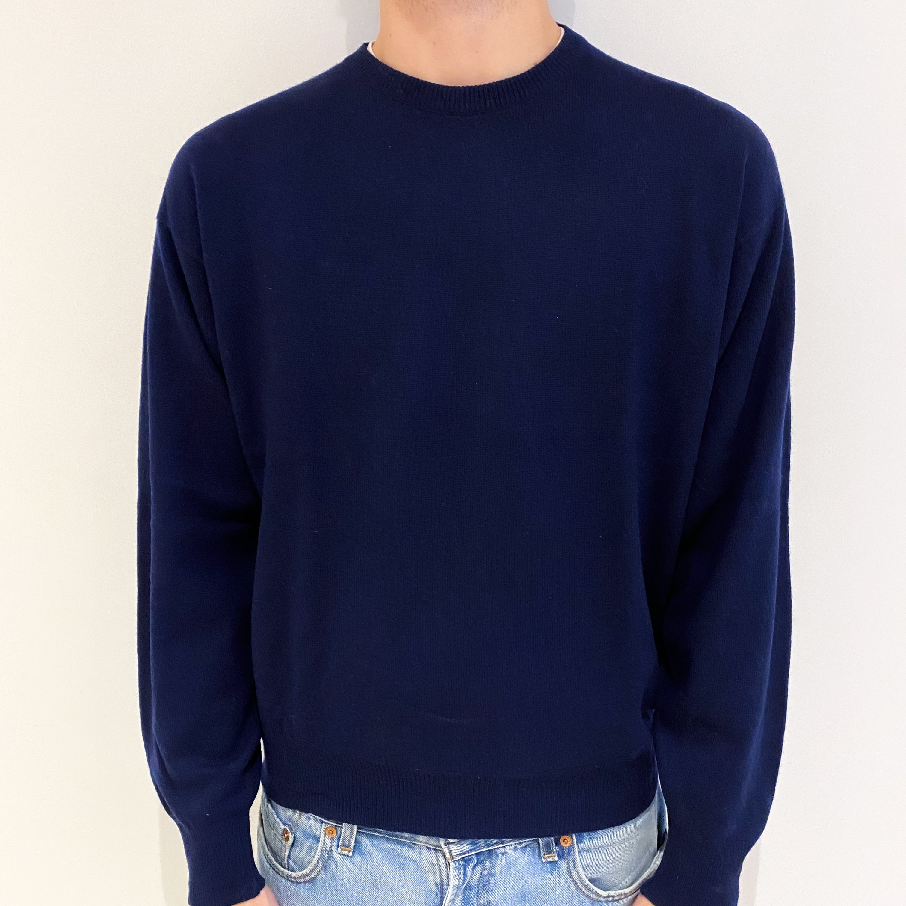 Men's French Navy Blue Cashmere Crew Neck Jumper Large