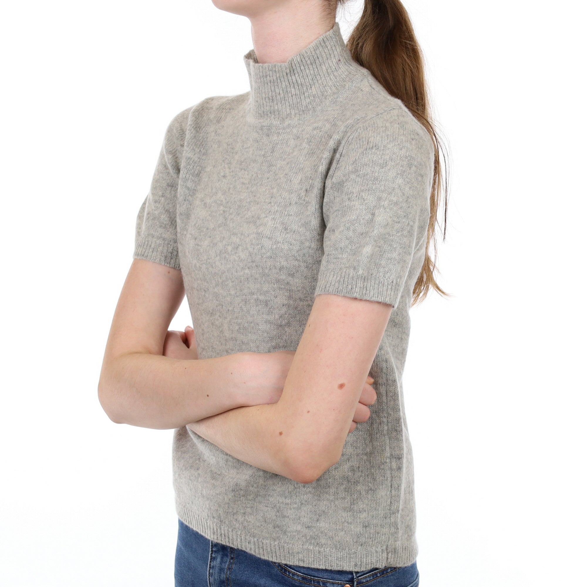 Smoke Grey Cashmere Polo Neck Short Sleeved Jumper Extra Small