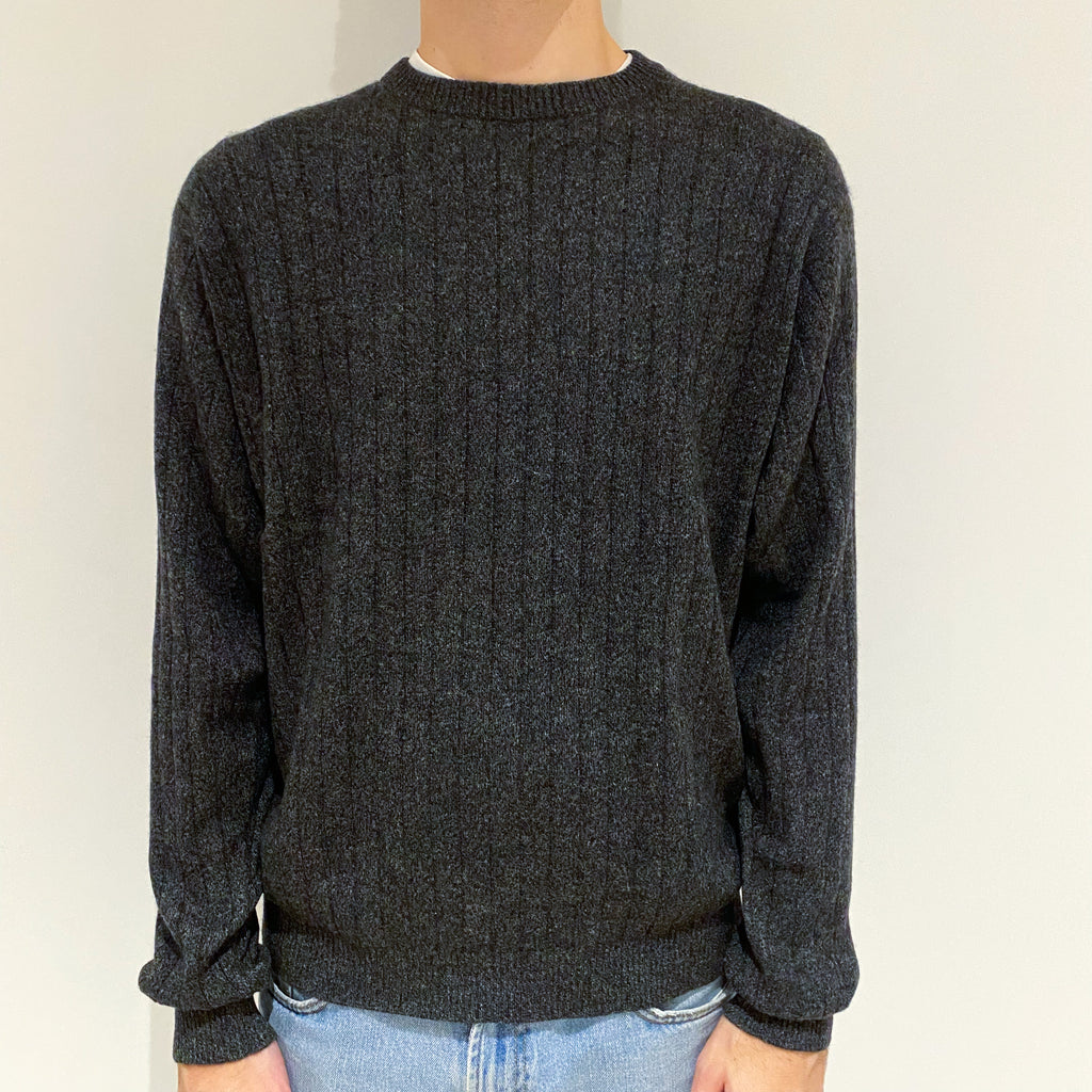 Men's Charcoal Grey Rib Cashmere Crew Neck Jumper Large