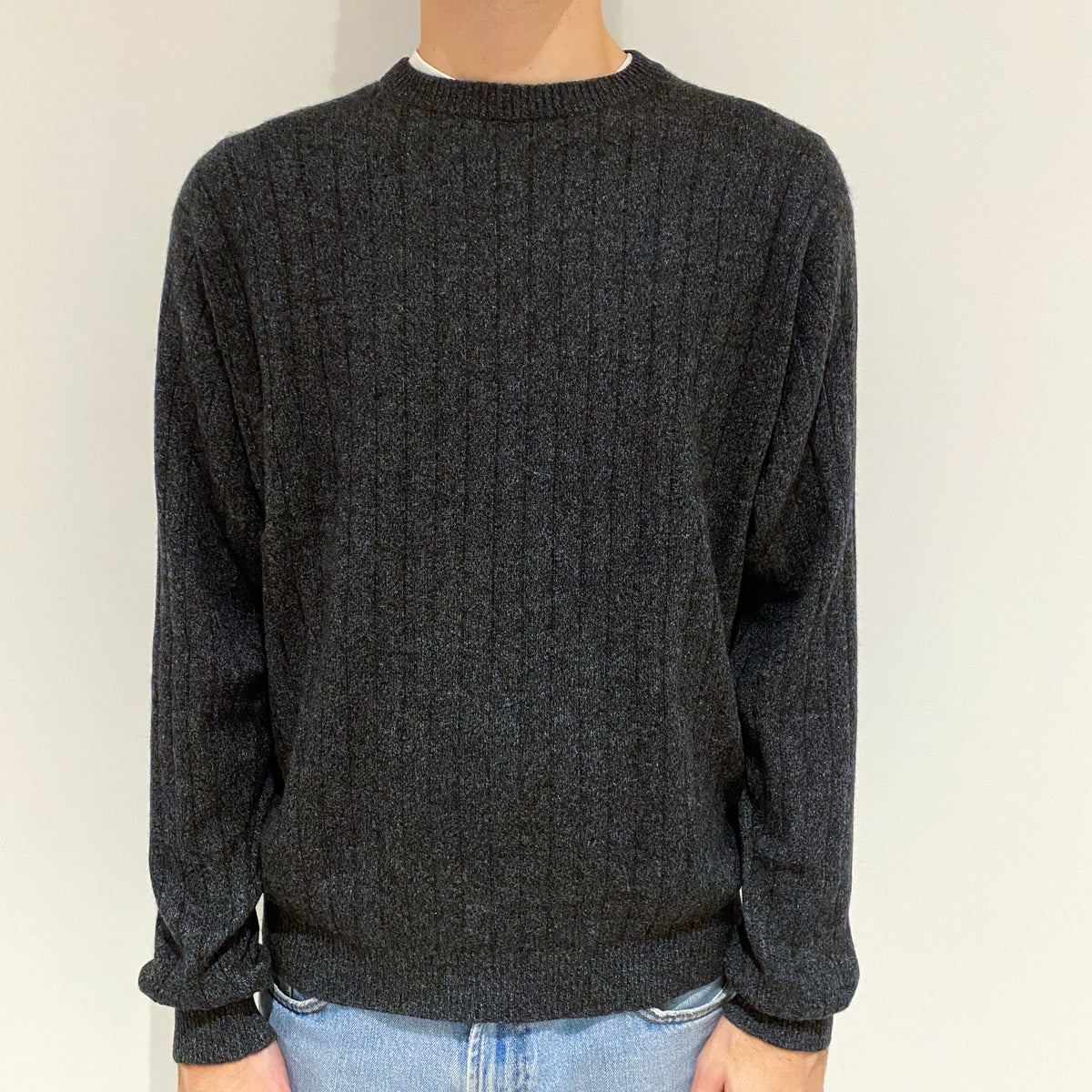 Men's Charcoal Grey Rib Cashmere Crew Neck Jumper Large