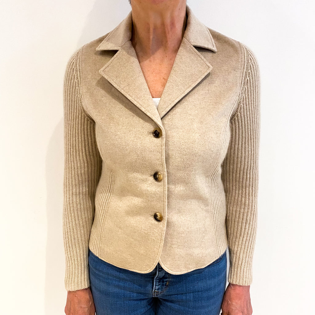 Sand Beige Cashmere Collared V Neck Jacket Medium