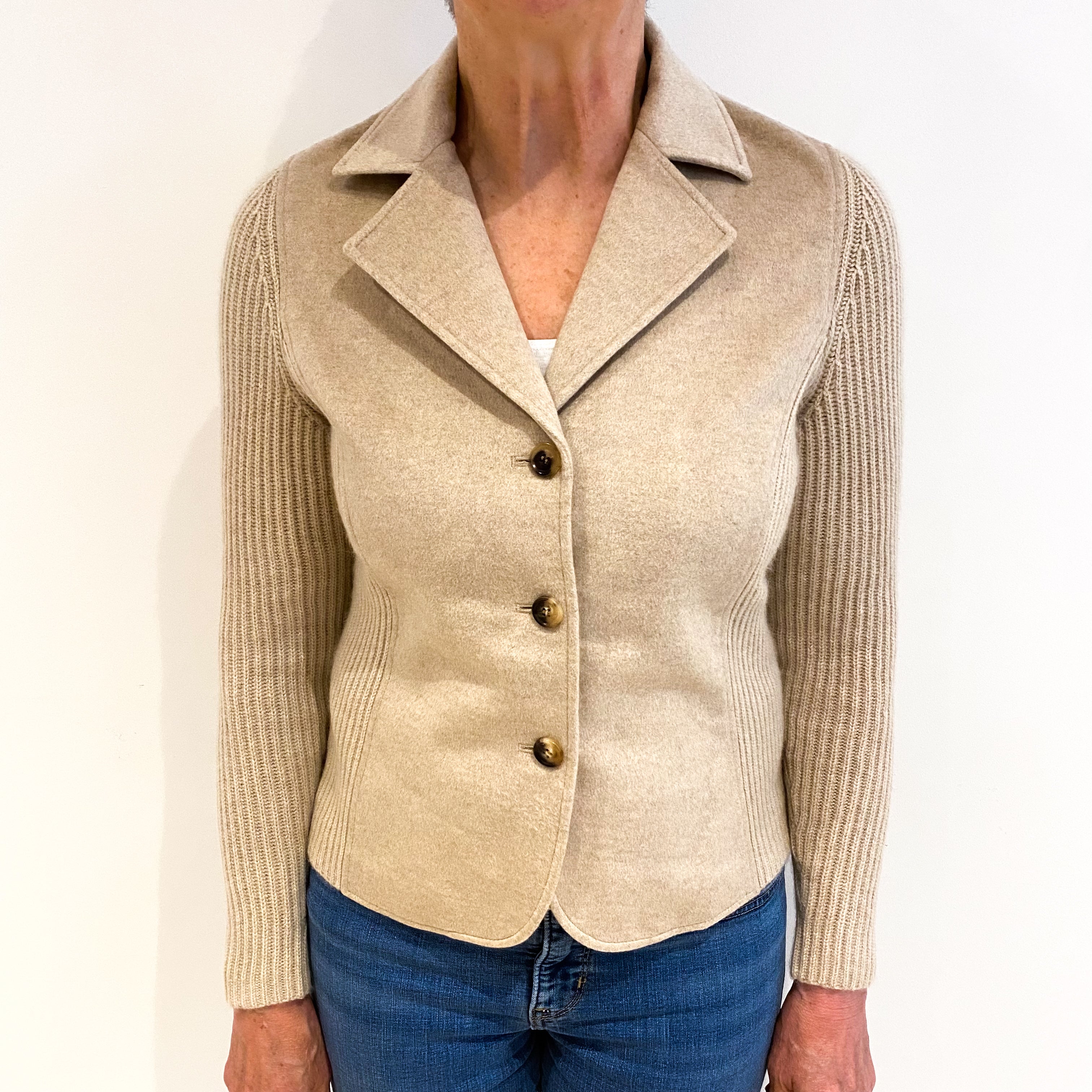 Sand Beige Cashmere Collared V Neck Jacket Medium