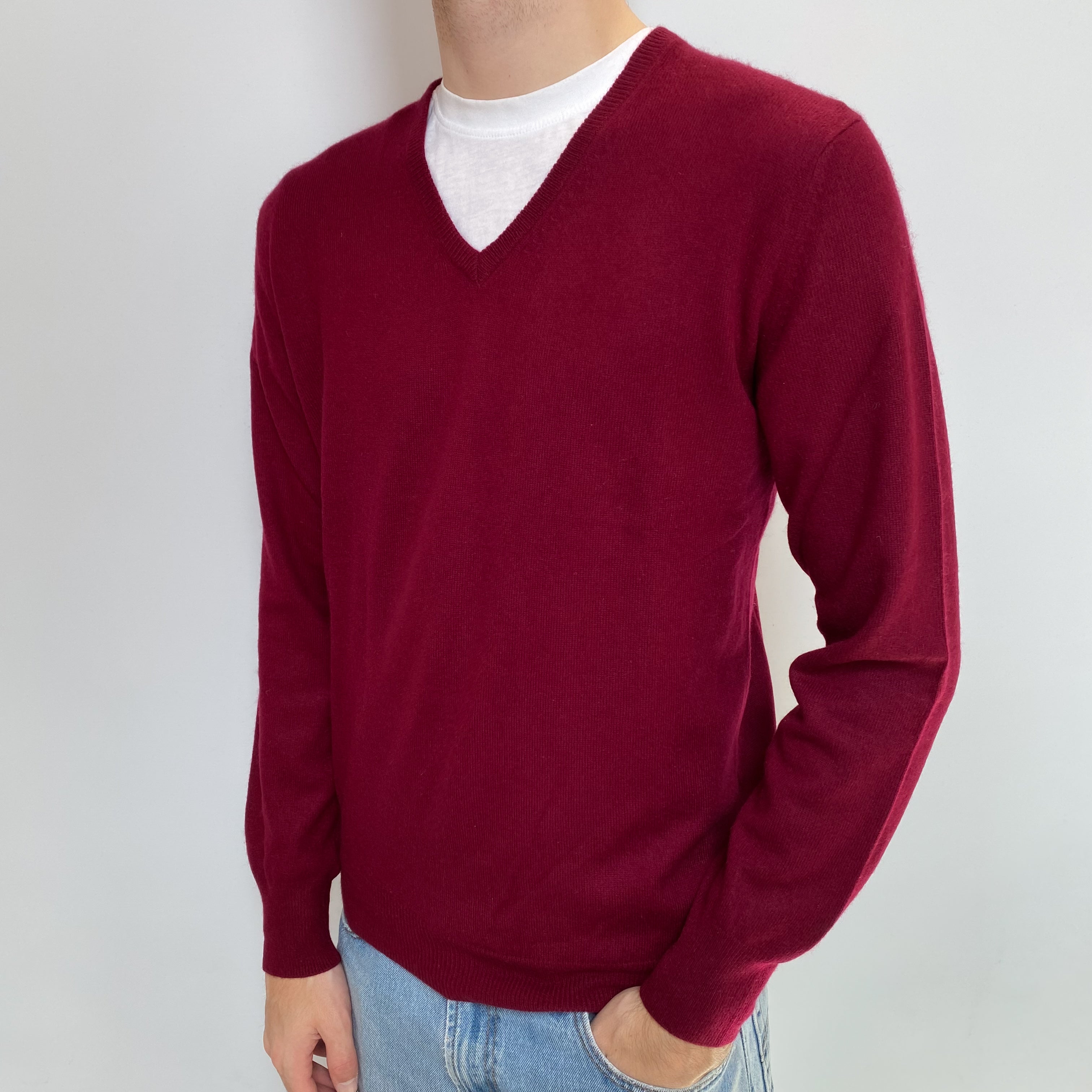 Men's Burgundy Red Cashmere V Neck Jumper Large