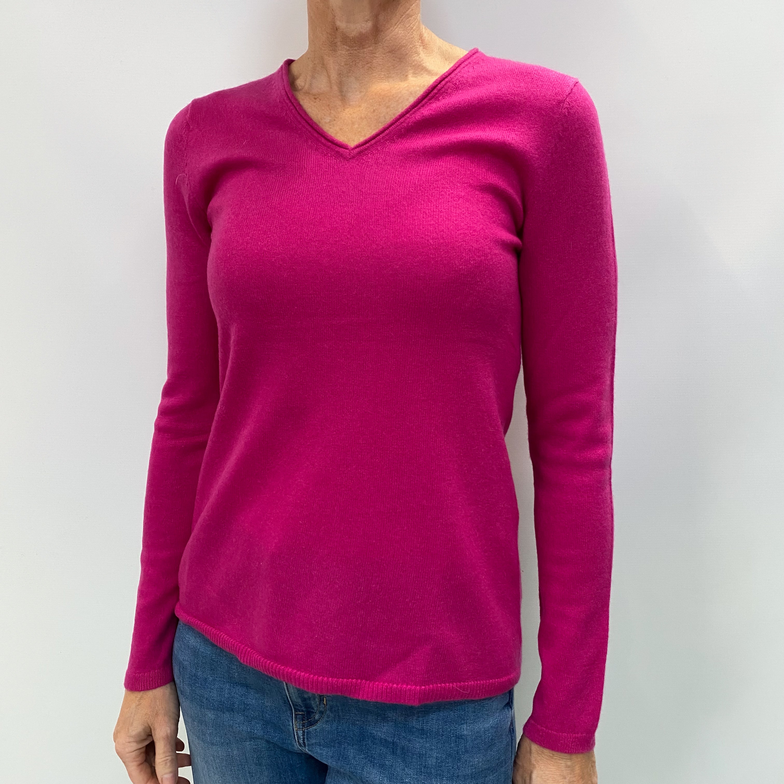 Fuchsia Pink Cashmere V Neck Jumper Small
