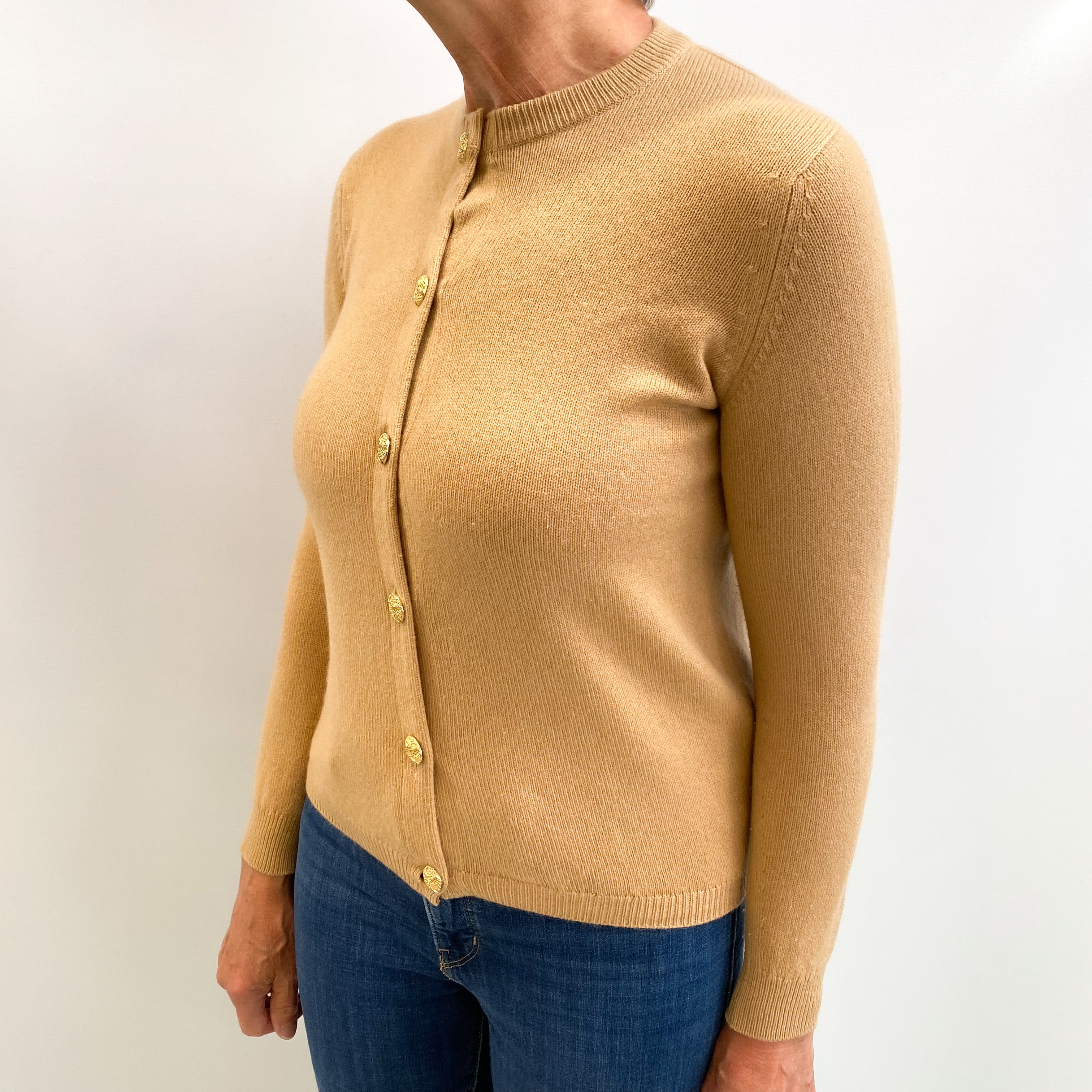 Scottish Vintage Camel Brown Cashmere Crew Neck Cardigan Medium