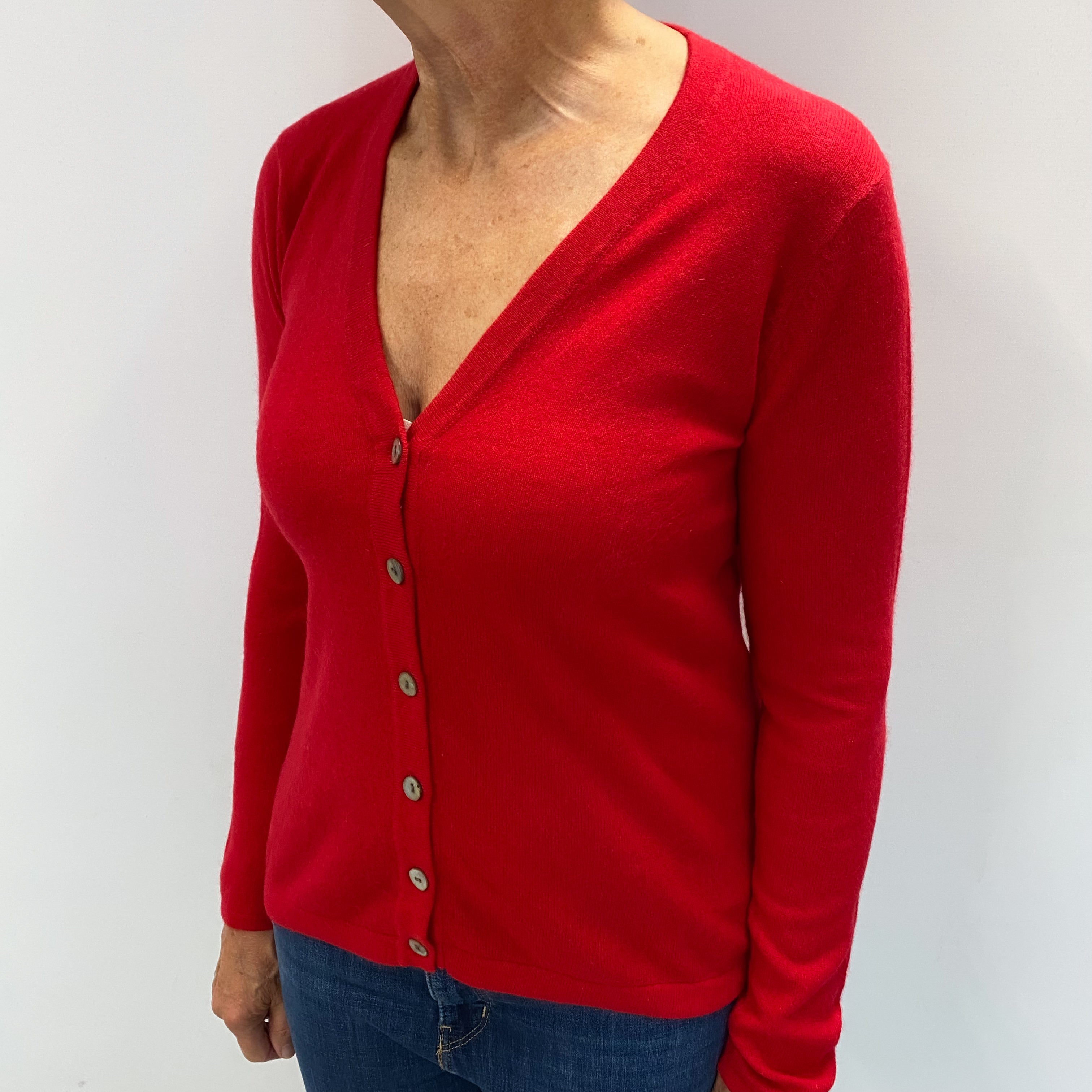 Post Box Red Cashmere V Neck Cardigan Medium