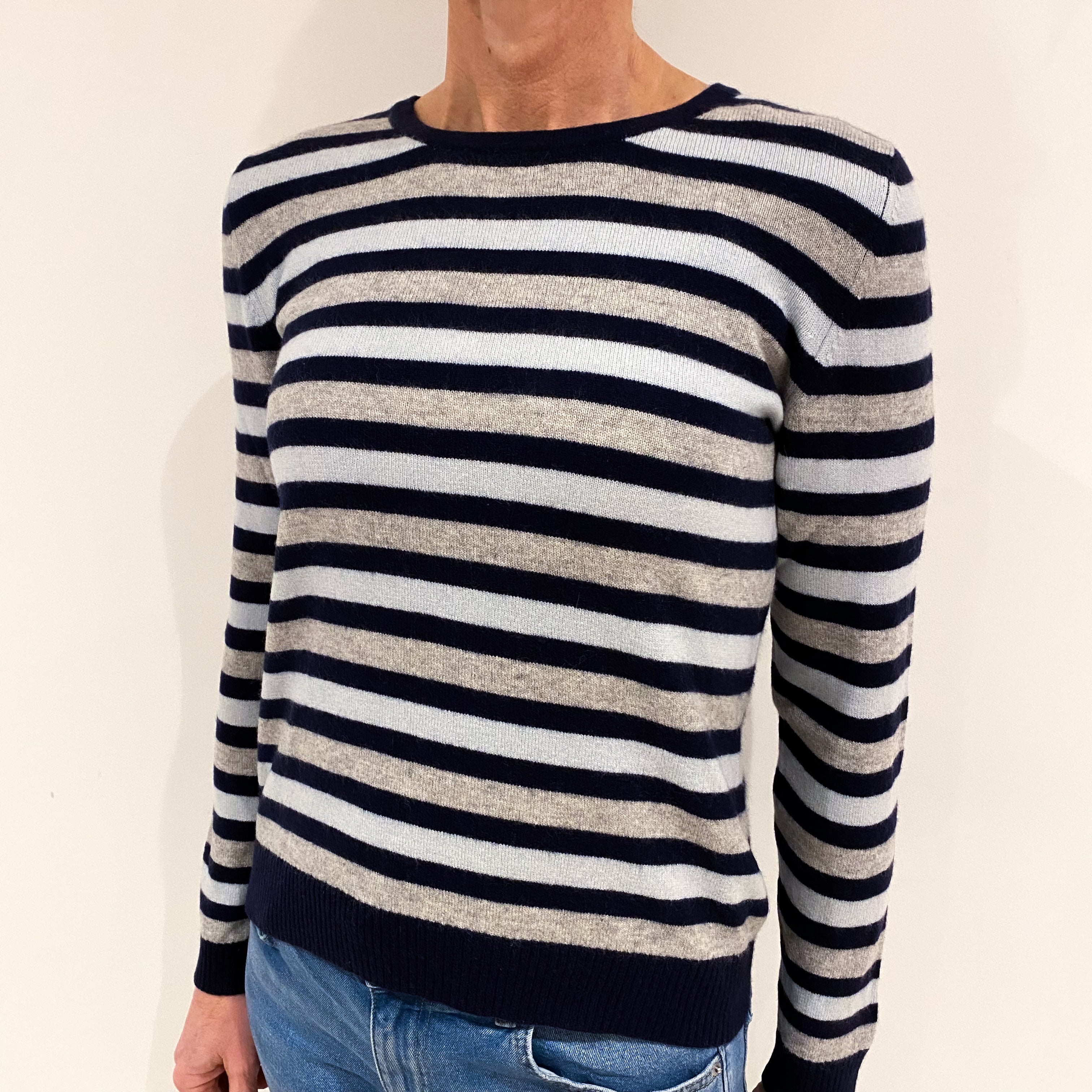 Grey Pale Blue and Navy Striped Cashmere Crew Neck Jumper Small