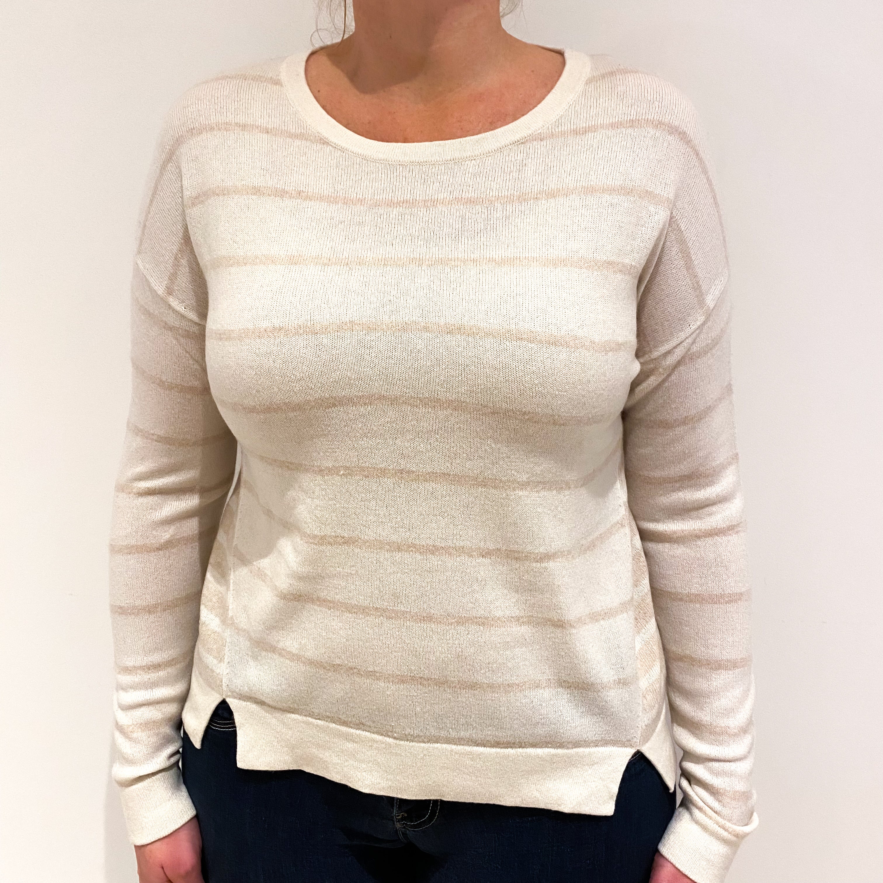 Cream Sand Stripe Cashmere Crew Neck Jumper Large