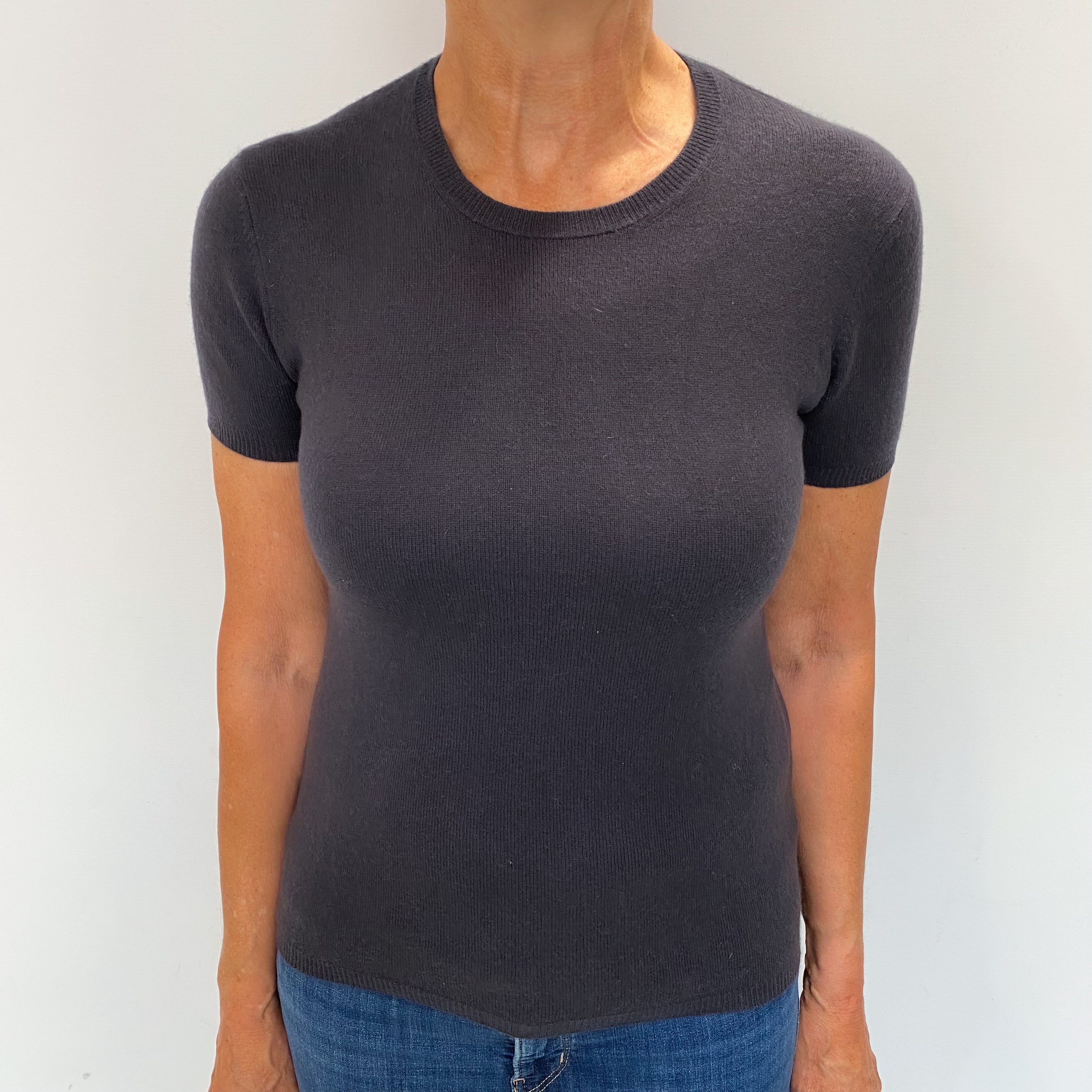 Dark Slate Purple Cashmere Short Sleeved Crew Neck Jumper Medium