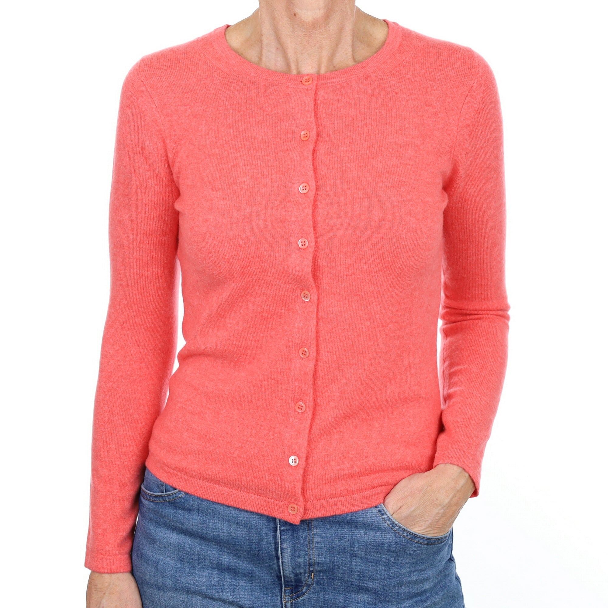 New Coral Pink Cashmere Crew Neck Cardigan Small