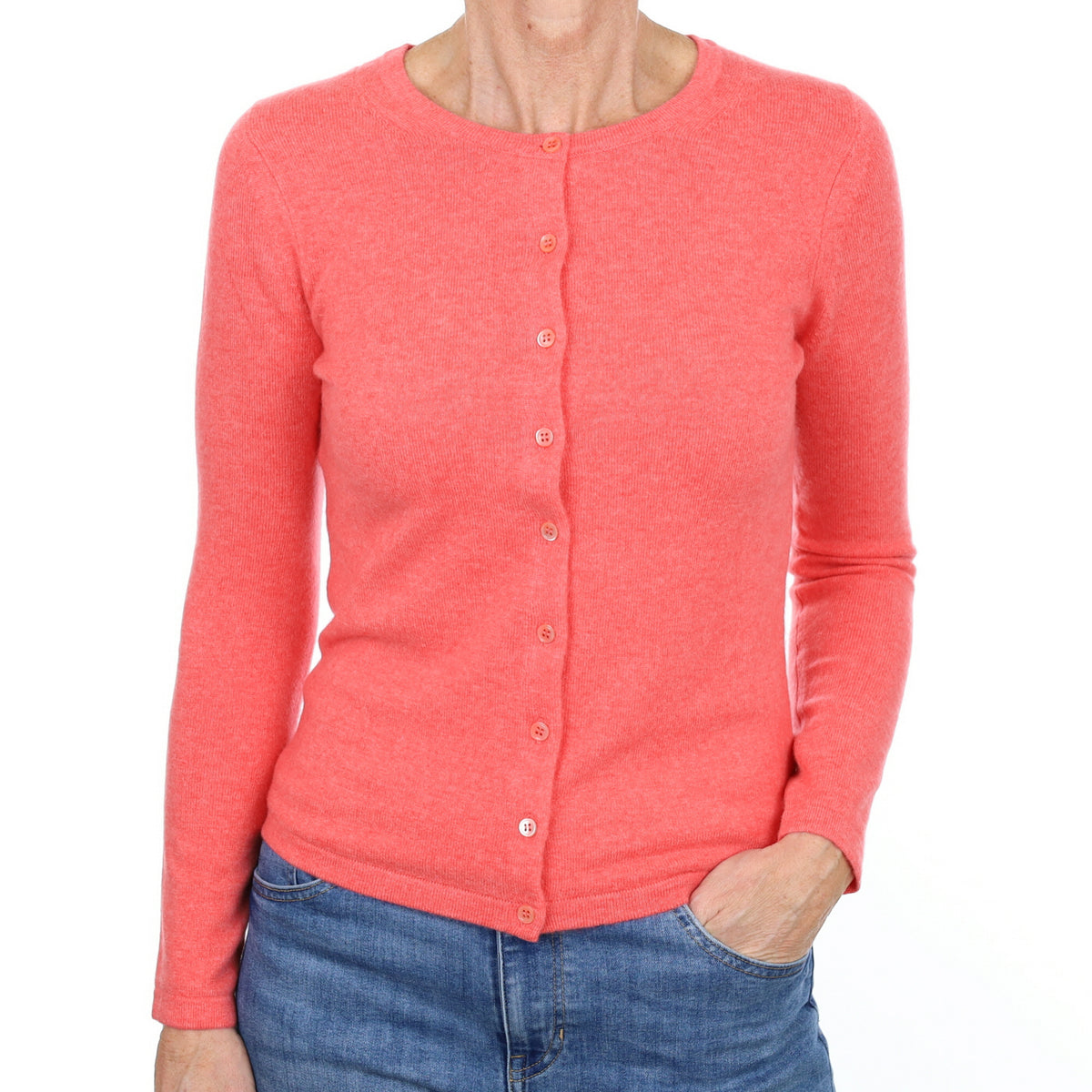 New Coral Pink Cashmere Crew Neck Cardigan Small