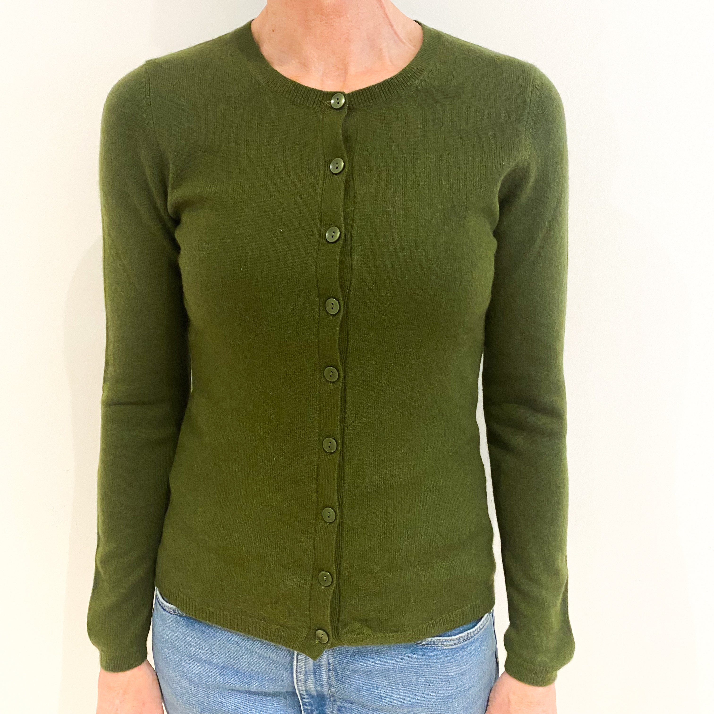 Avocado Green Cashmere Crew Neck Cardigan Small
