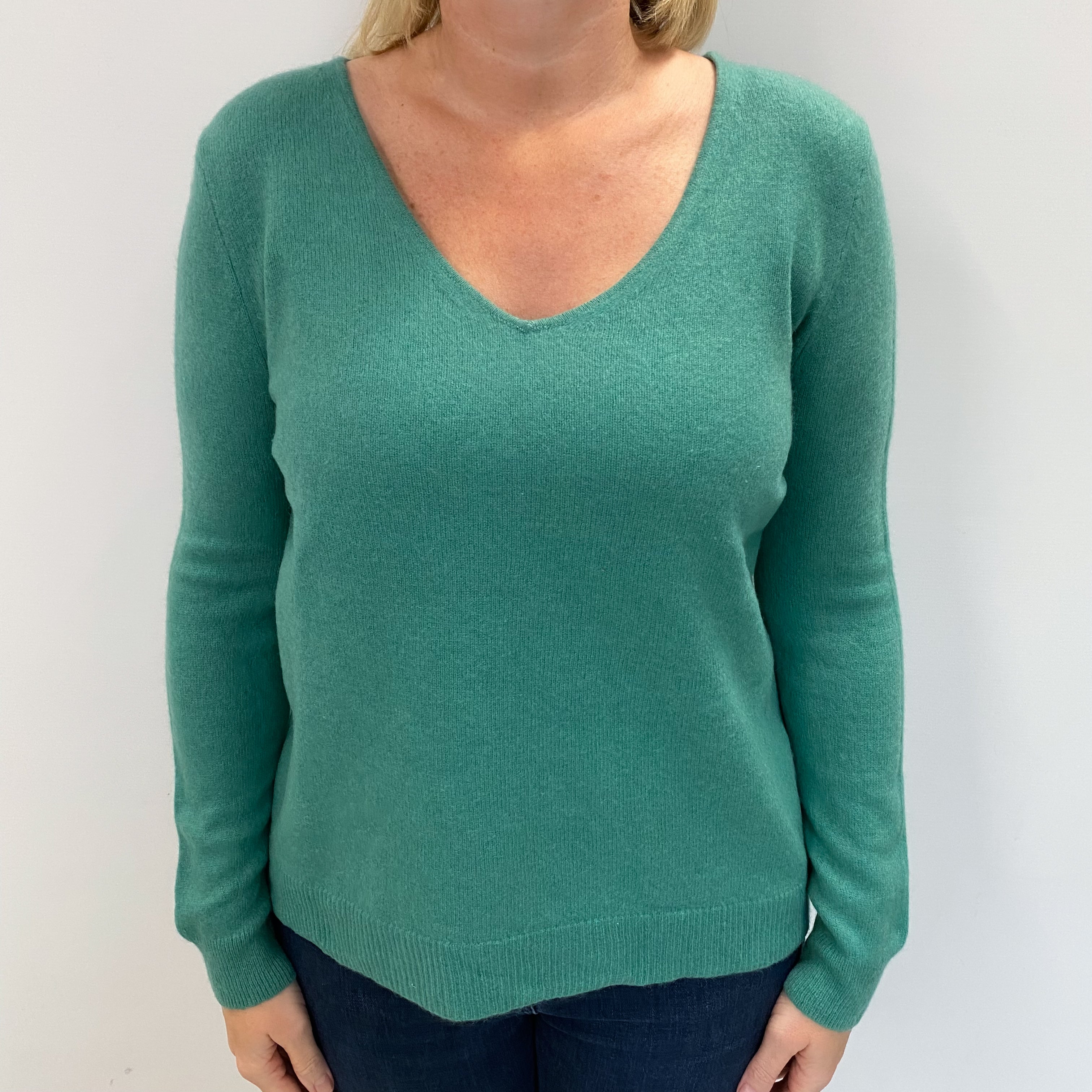Sea Green Cashmere V Neck Jumper Large