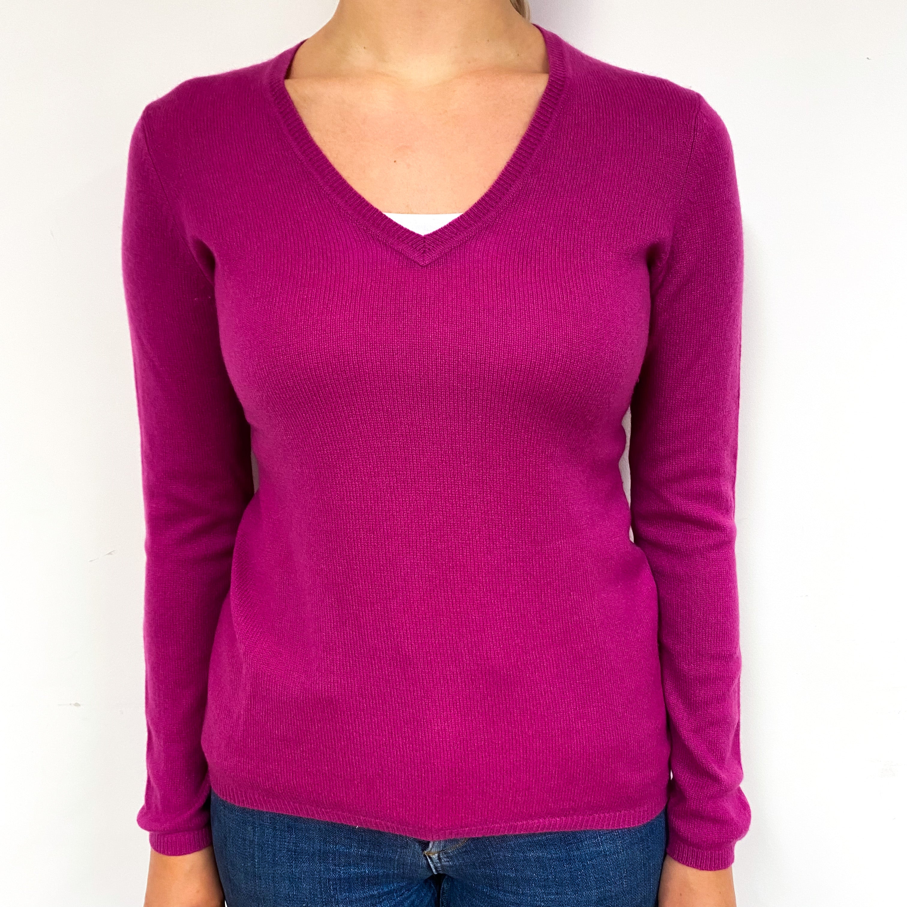 Magenta Pink Cashmere V-Neck Jumper Small