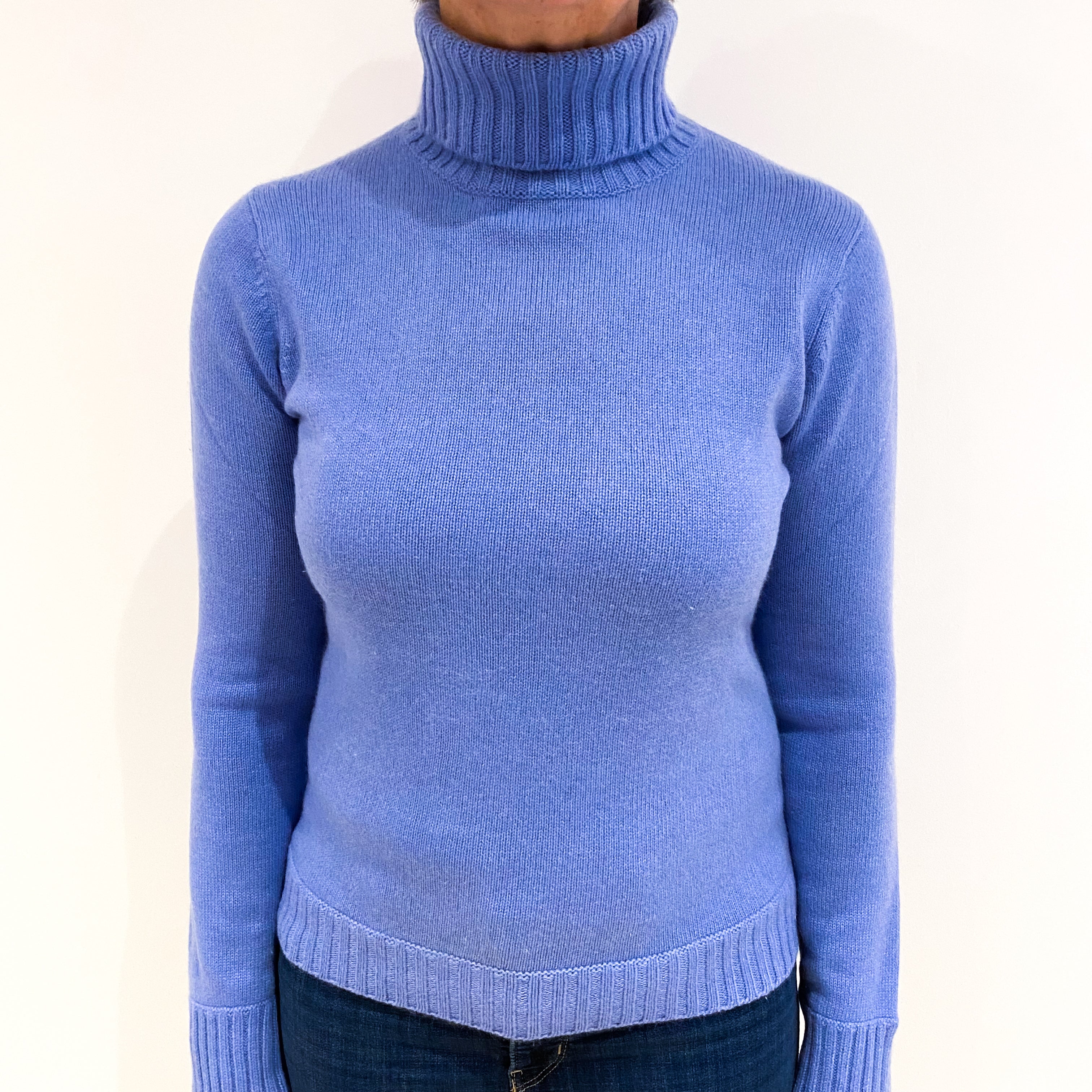 Cornflower Blue Cashmere Polo Neck Jumper Medium