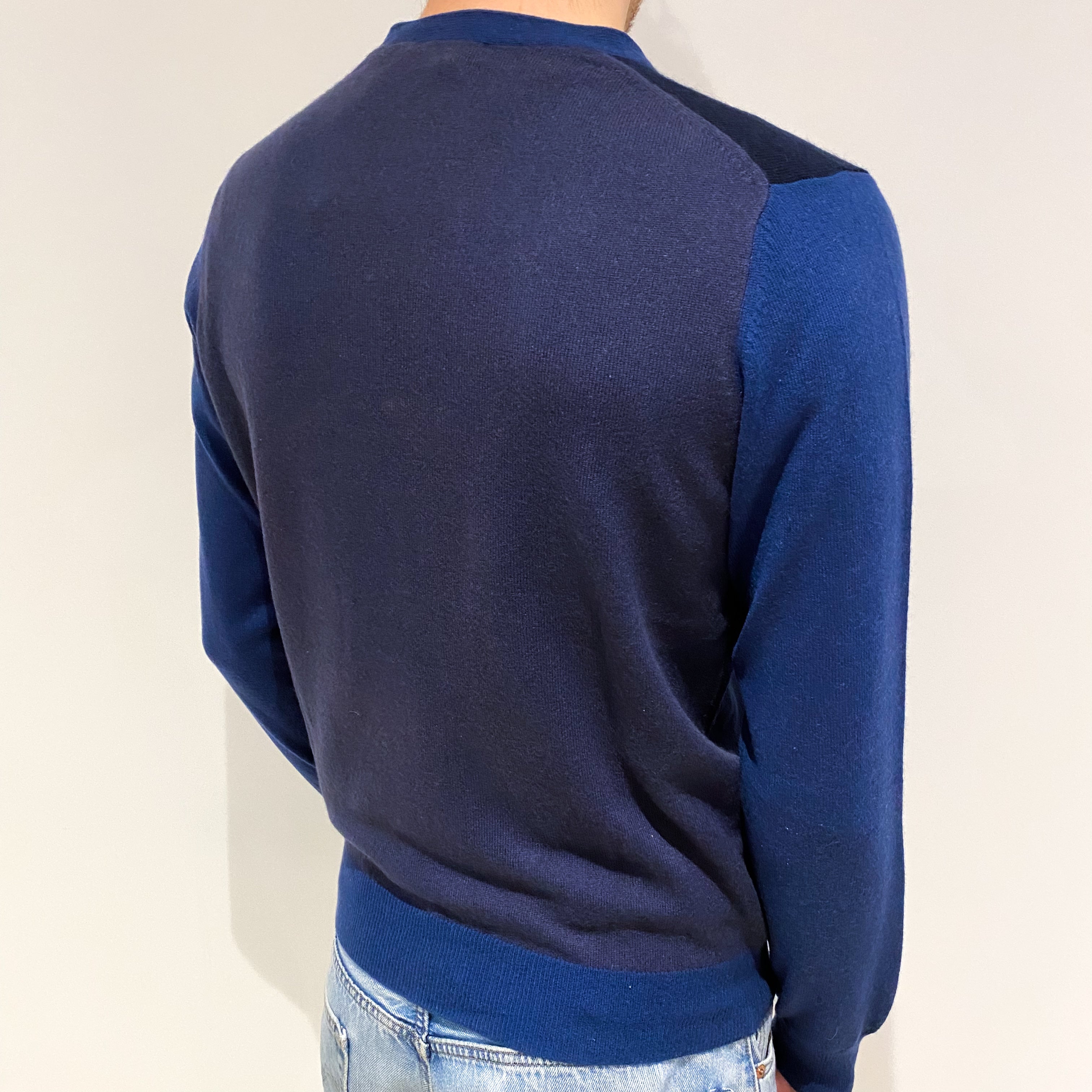 Men's Blue Colour Block Cashmere V Neck Cardigan Medium