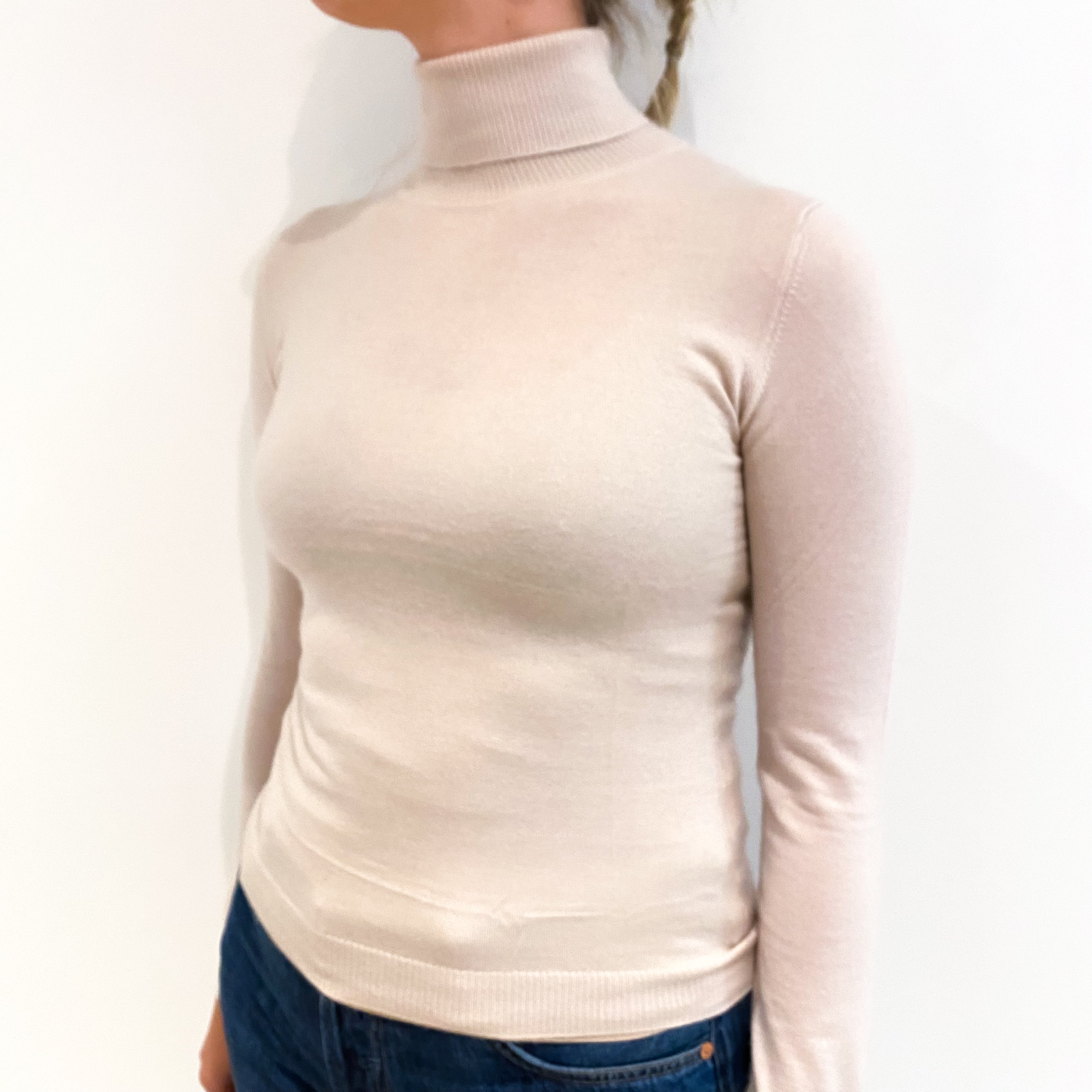 Oatmeal Beige Fine Knit Cashmere Polo Neck Jumper Small