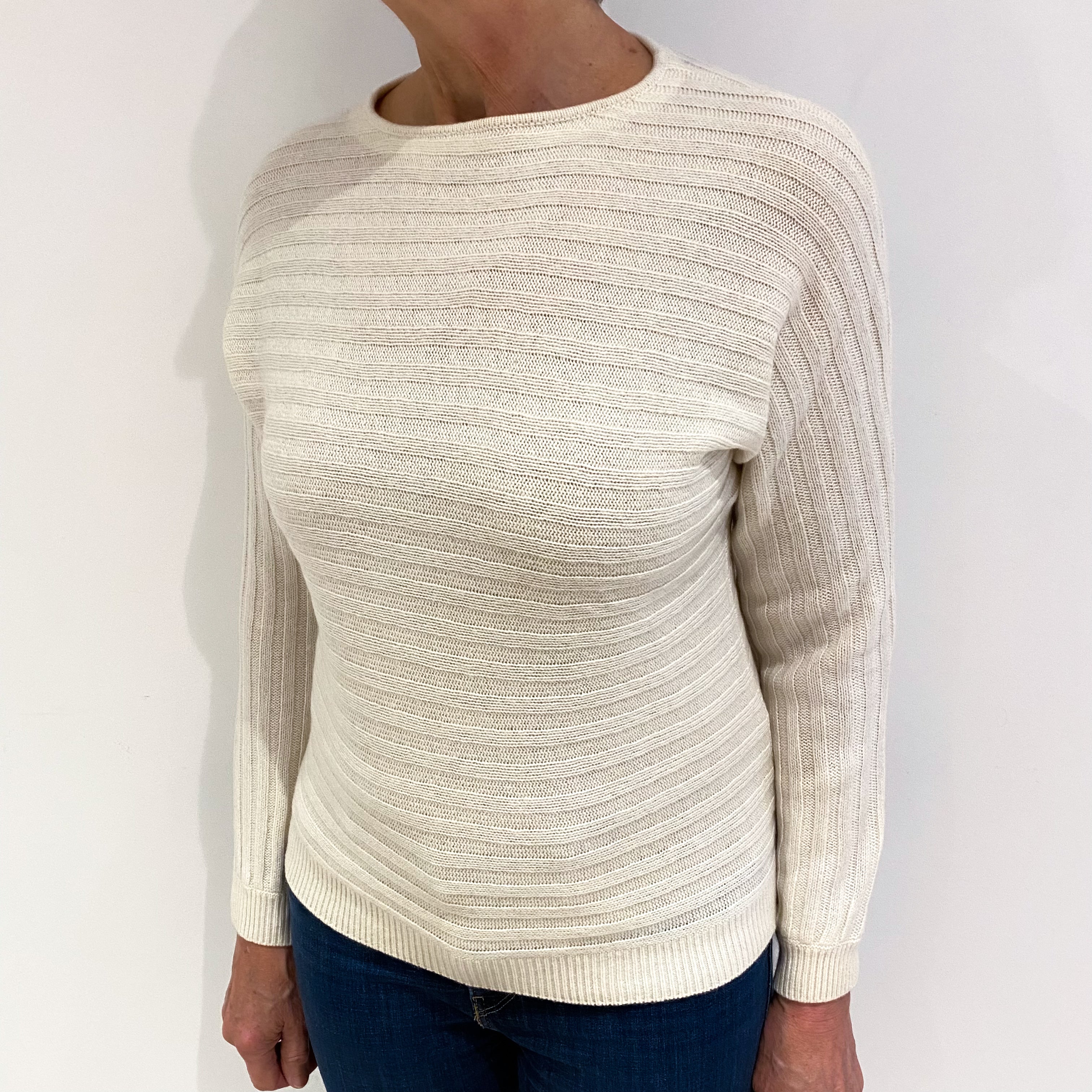 Karl Lagerfield Cream Rib Cashmere Batwing Crew Neck Jumper Medium