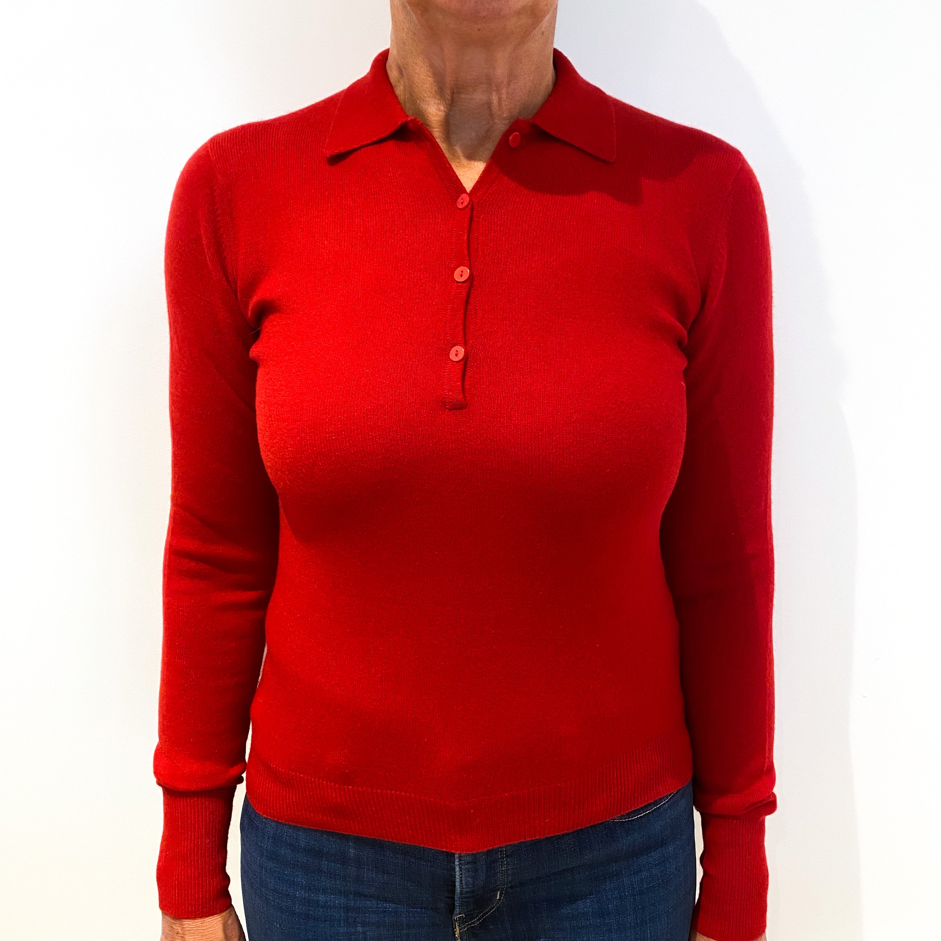 Post Box Red Collared 1/4 Button Cashmere Crew Neck Jumper Medium