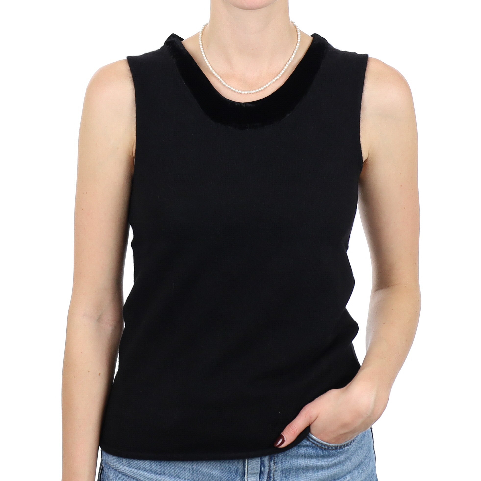 New Black Velvet Trimmed Cashmere Sleeveless Jumper Small
