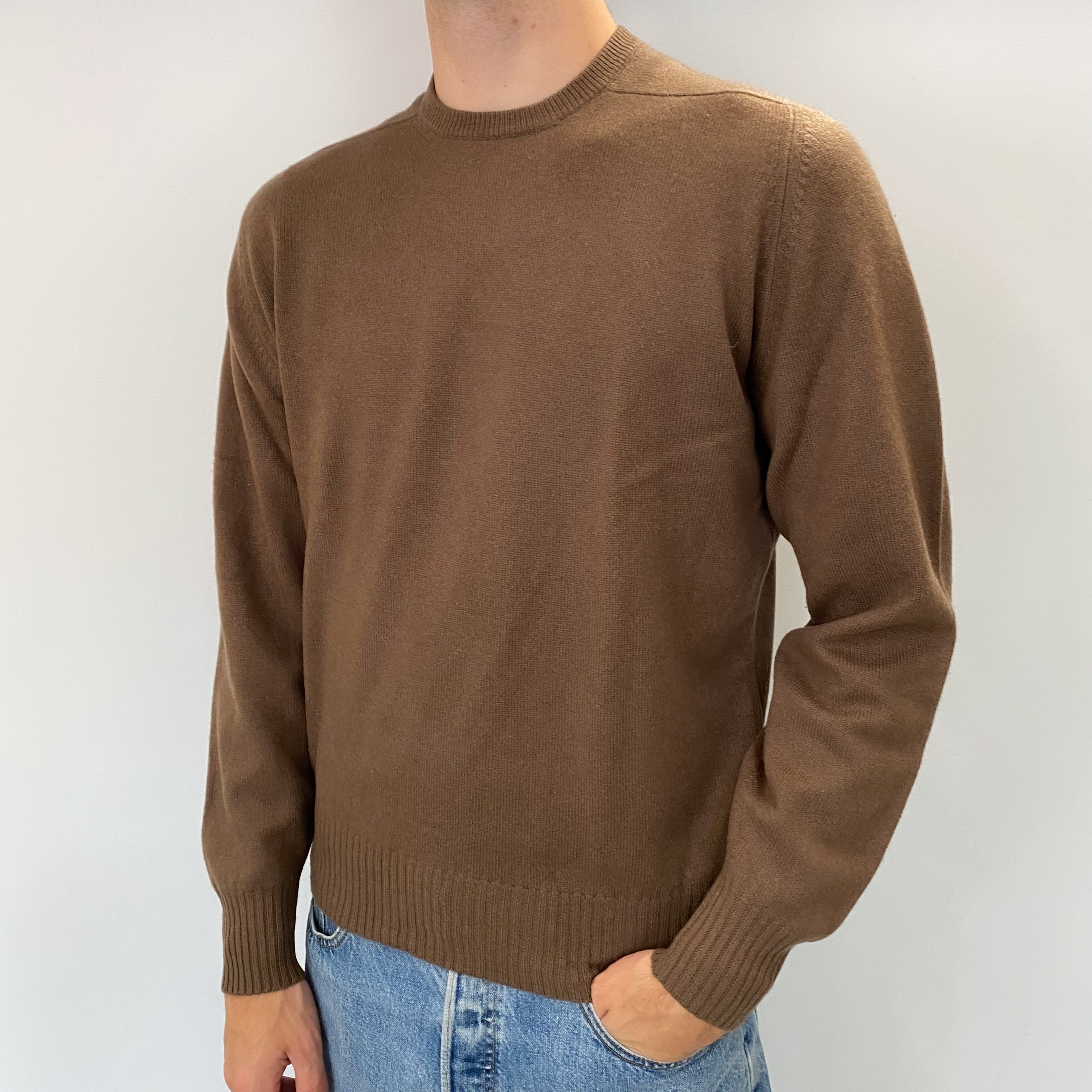 Men's Vintage Scottish Donkey Brown Cashmere Crew Neck Jumper Large