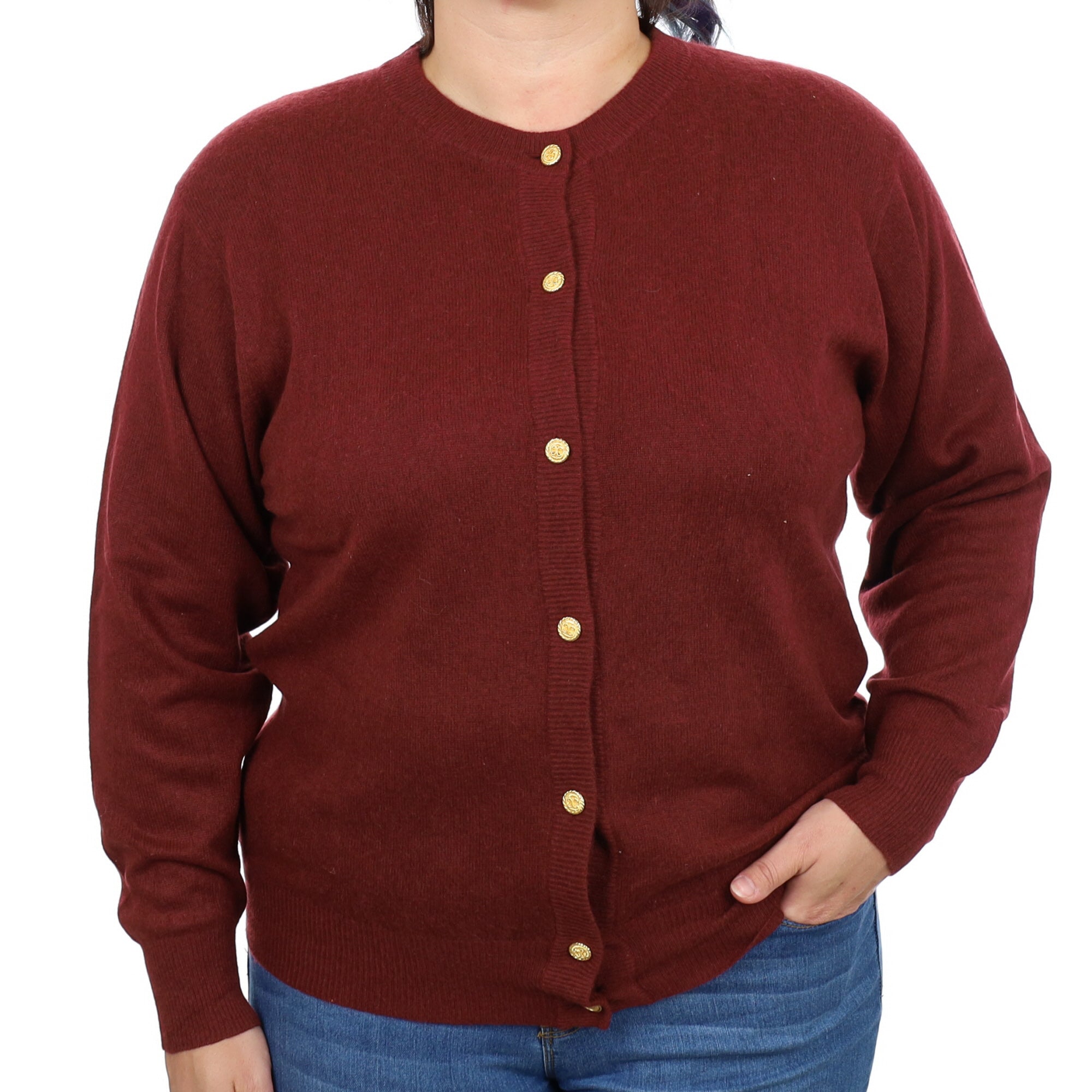 Burgundy Red Cashmere Crew Neck Cardigan Large