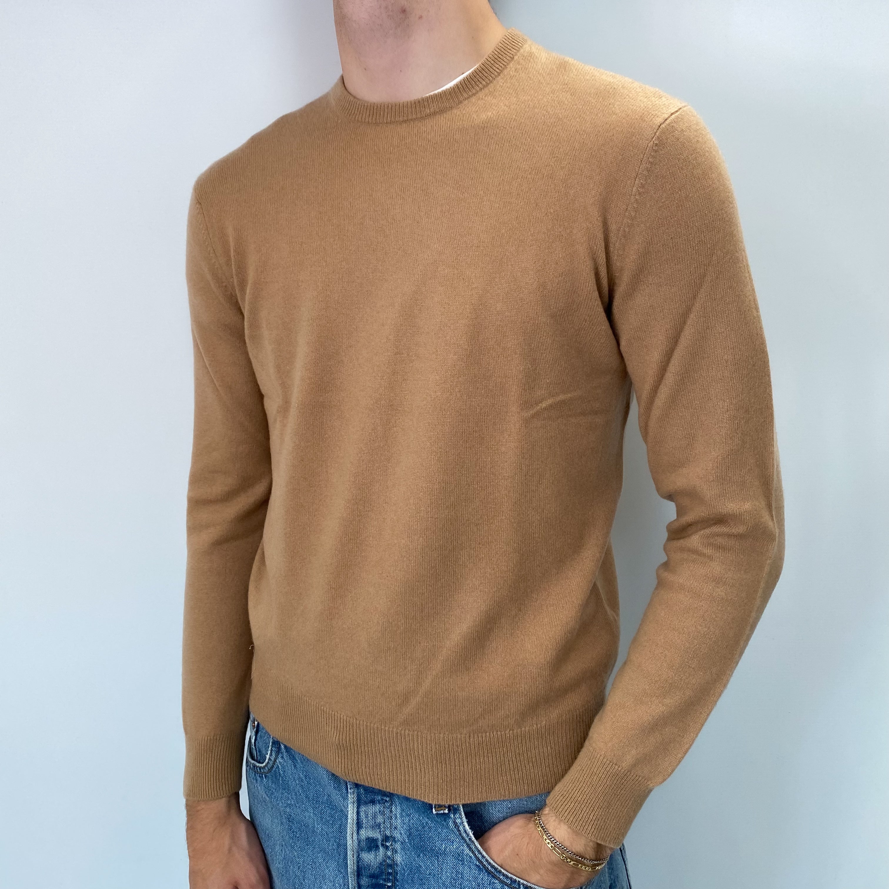 Men's Camel Brown Cashmere Crew Neck Jumper Medium